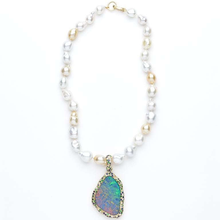 Australian Opal, Diamond, Blue Sapphire, and Tsavorite Starry Night Pendant In New Condition In Nantucket, MA