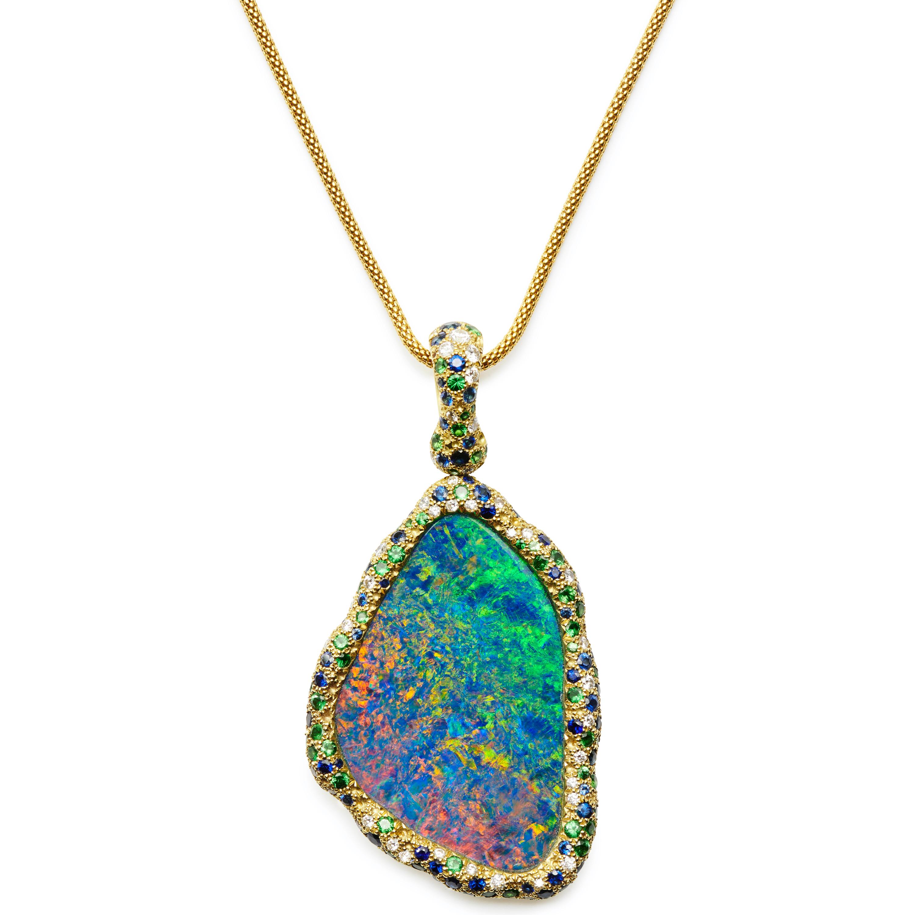 Artisan Australian Opal, Diamond, Blue Sapphire, and Tsavorite Starry Night Pendant