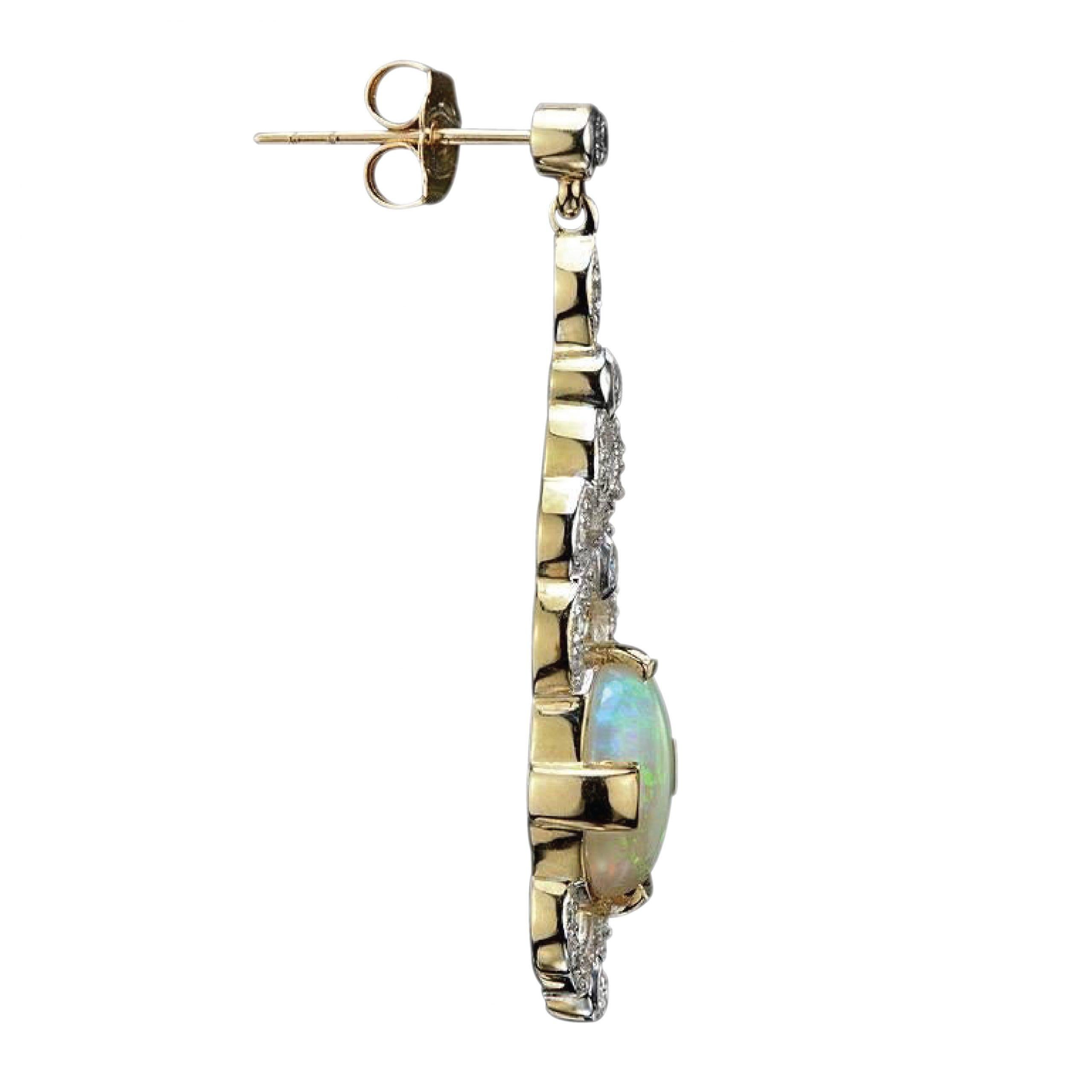 Art Deco Australian Opal & Diamond Drop 14K White Yellow Gold Drop Dangle Earrings For Sale
