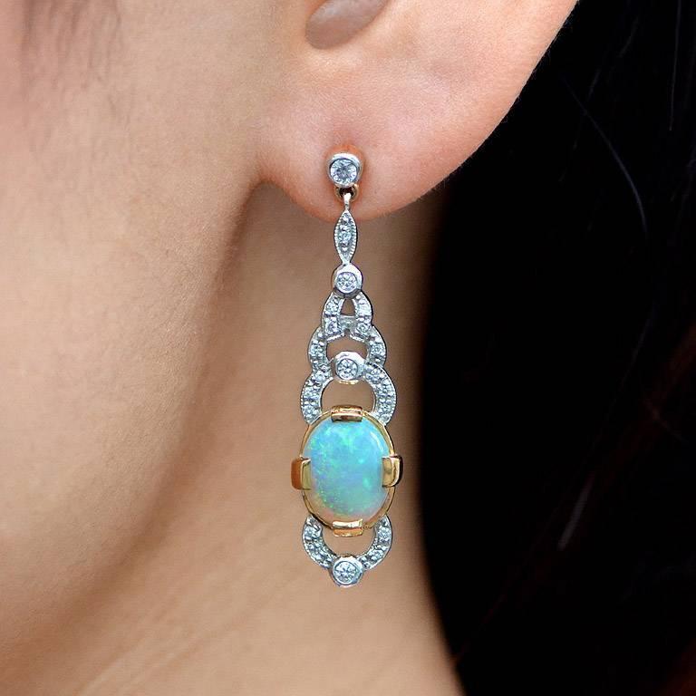 Australian Opal & Diamond Drop 14K White Yellow Gold Drop Dangle Earrings For Sale 1