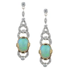 Australian Opal & Diamond Drop 14K White Yellow Gold Drop Dangle Earrings