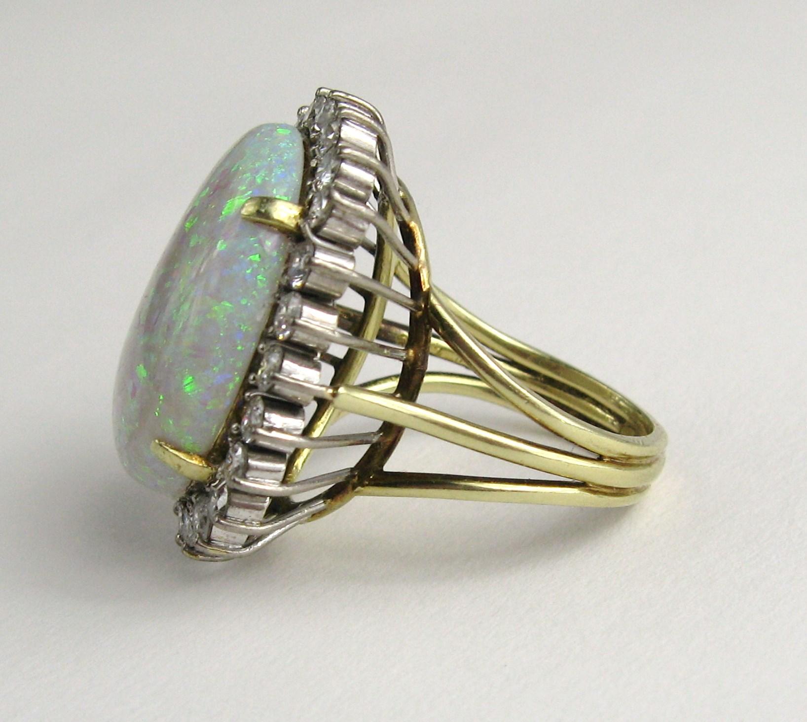 Women's or Men's Australian Opal and Diamond Gold Cocktail Ring, 1960s 13+ Carat For Sale
