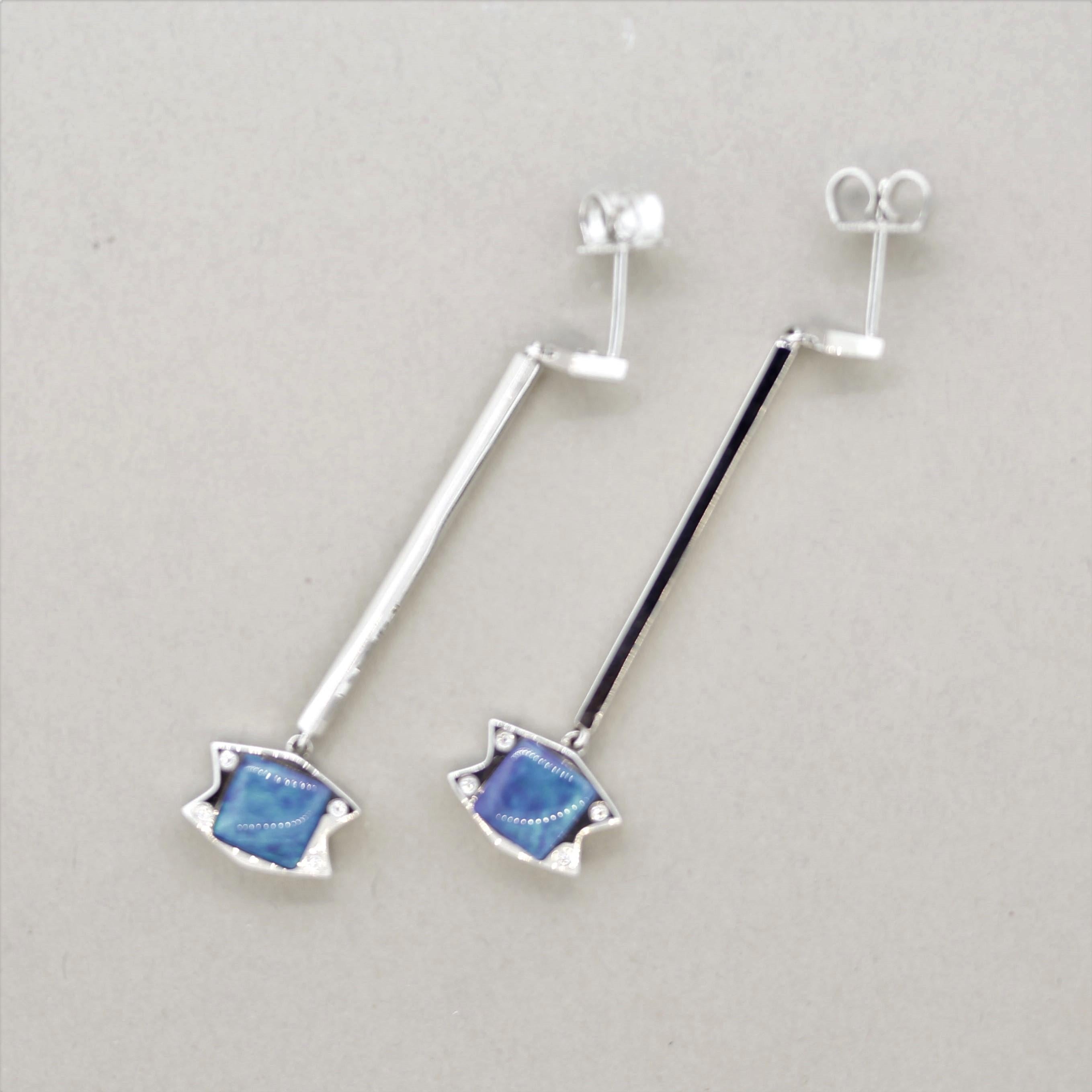 Australian Opal Diamond Gold Long Drop Earrings In New Condition For Sale In Beverly Hills, CA