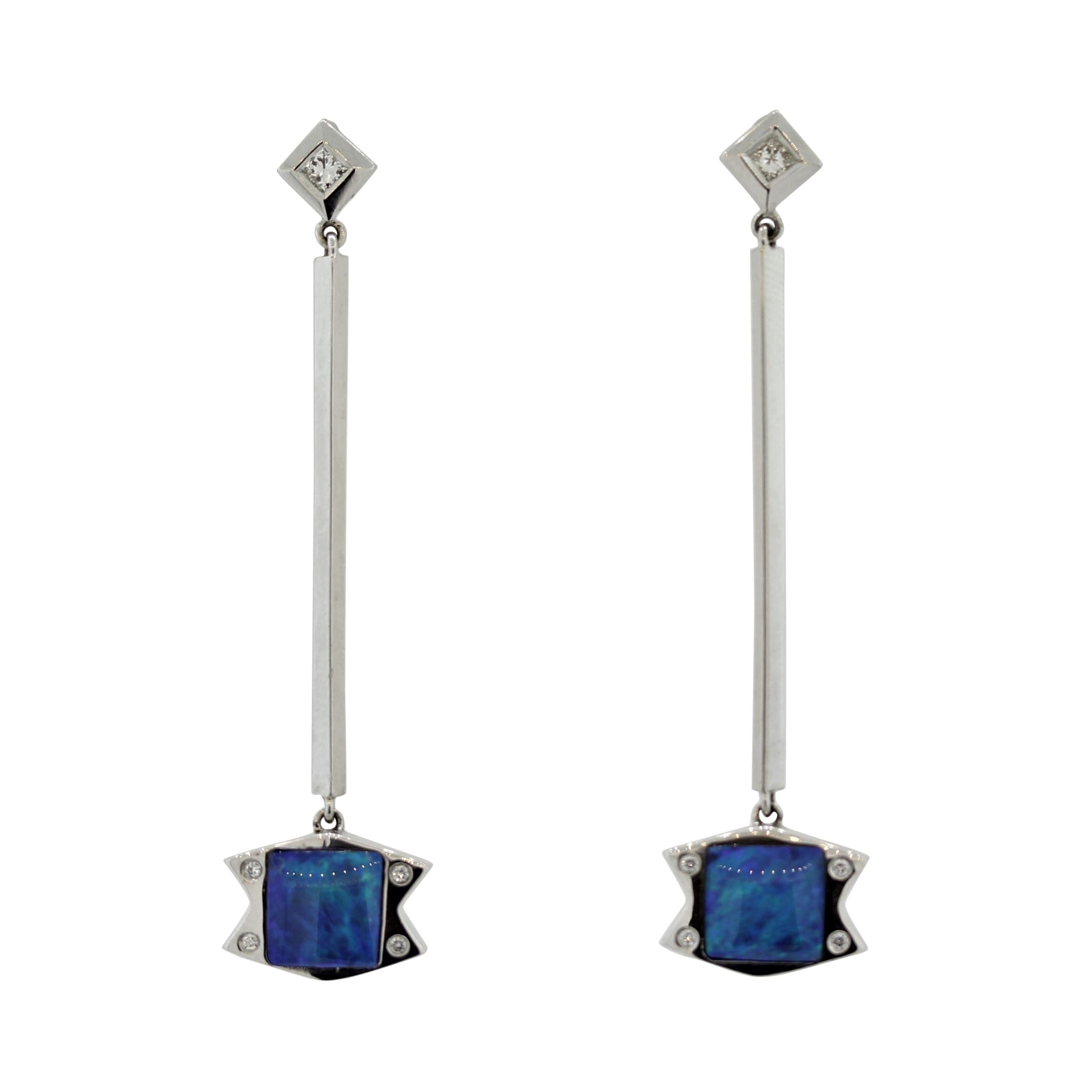 Australian Opal Diamond Gold Long Drop Earrings For Sale