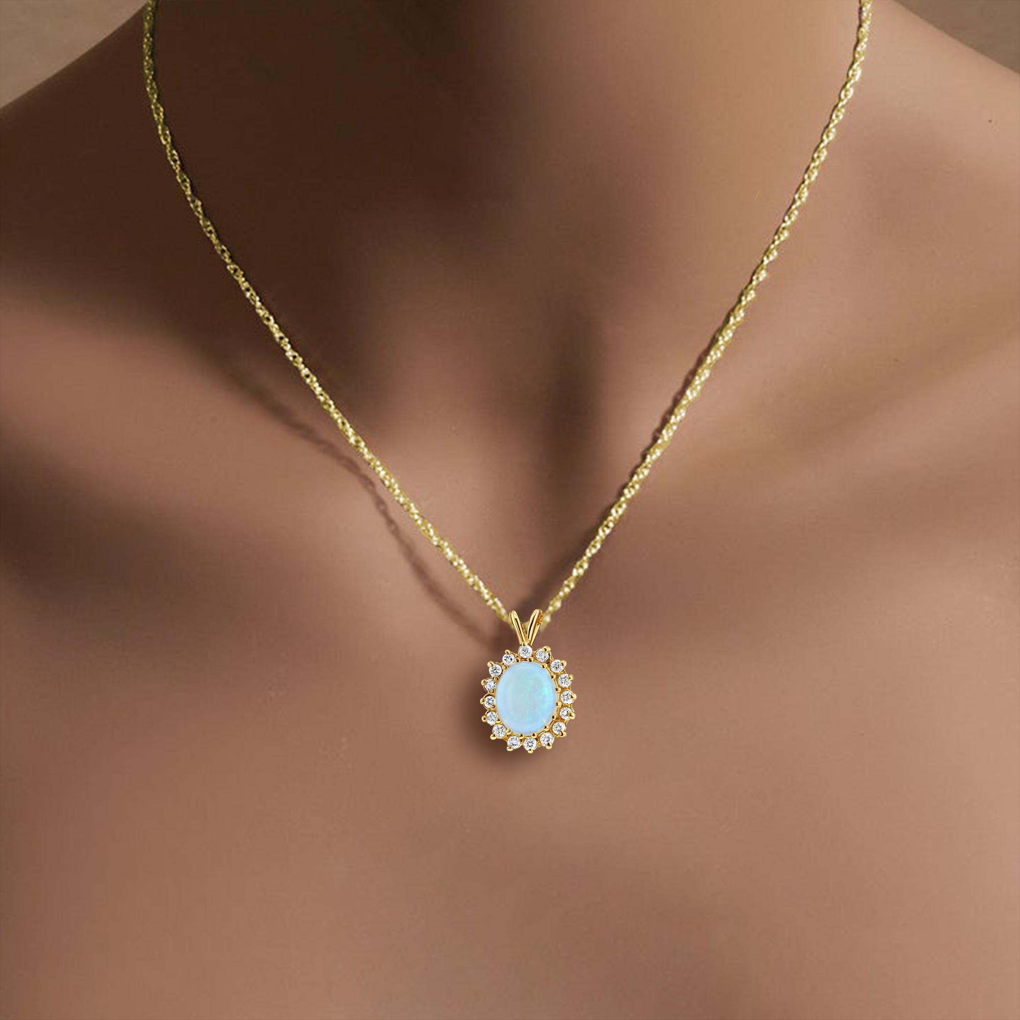 ♥ Product Summary ♥

Main Stone: Australian Opal & Diamond
Approx. Total Carat Weight: 3.67cttw
Approx. Opal Weight: 3.19ct
Approx. Diamond Weight: .48ct
Stone Cut: Oval & Round
Side Stones Quantity: 16
Metal: 14k Yellow Gold
Dimensions: 13mm x