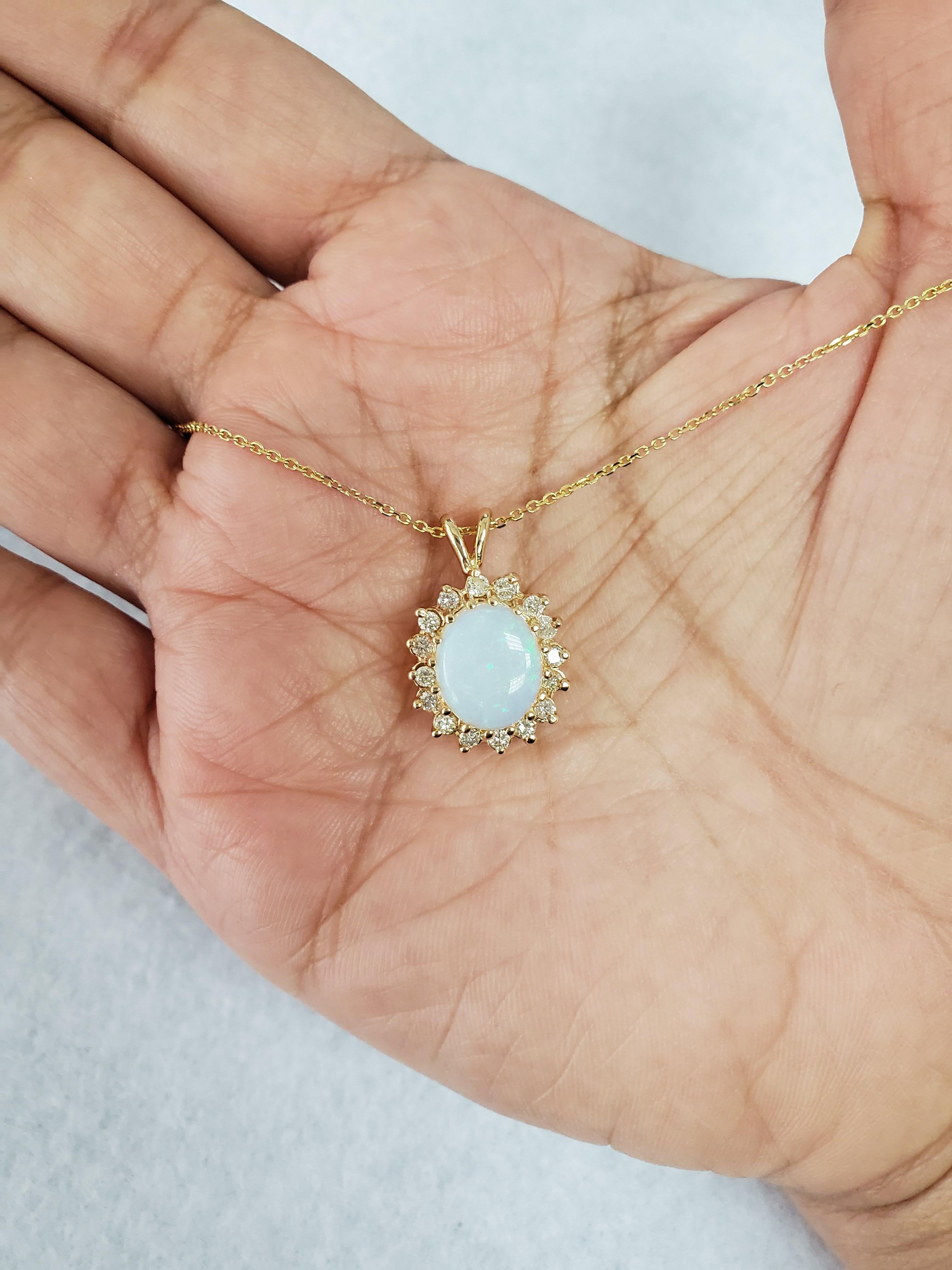 Round Cut Australian Opal Diamond Halo Necklace For Sale