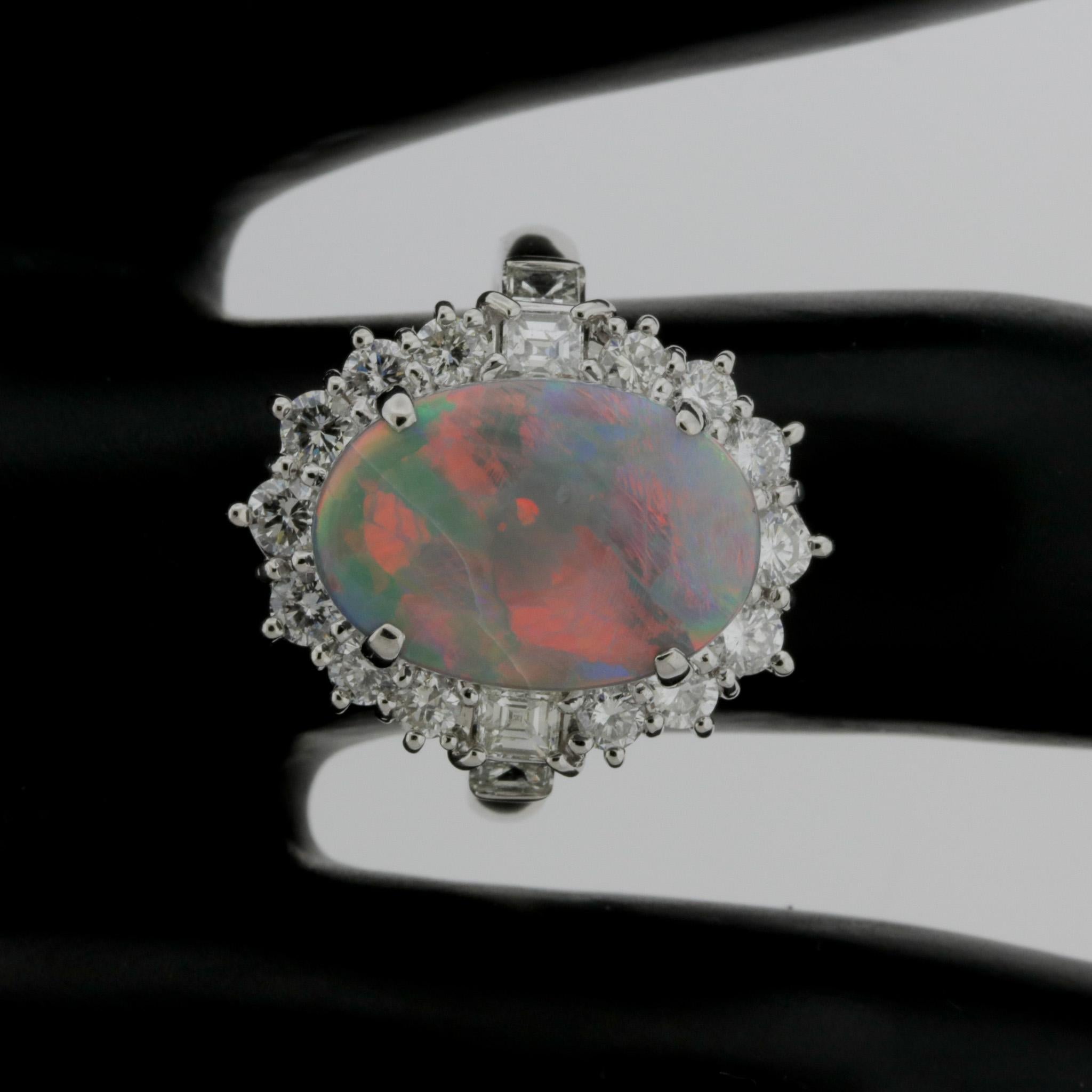 Mixed Cut Australian Opal Diamond Halo Platinum Ring