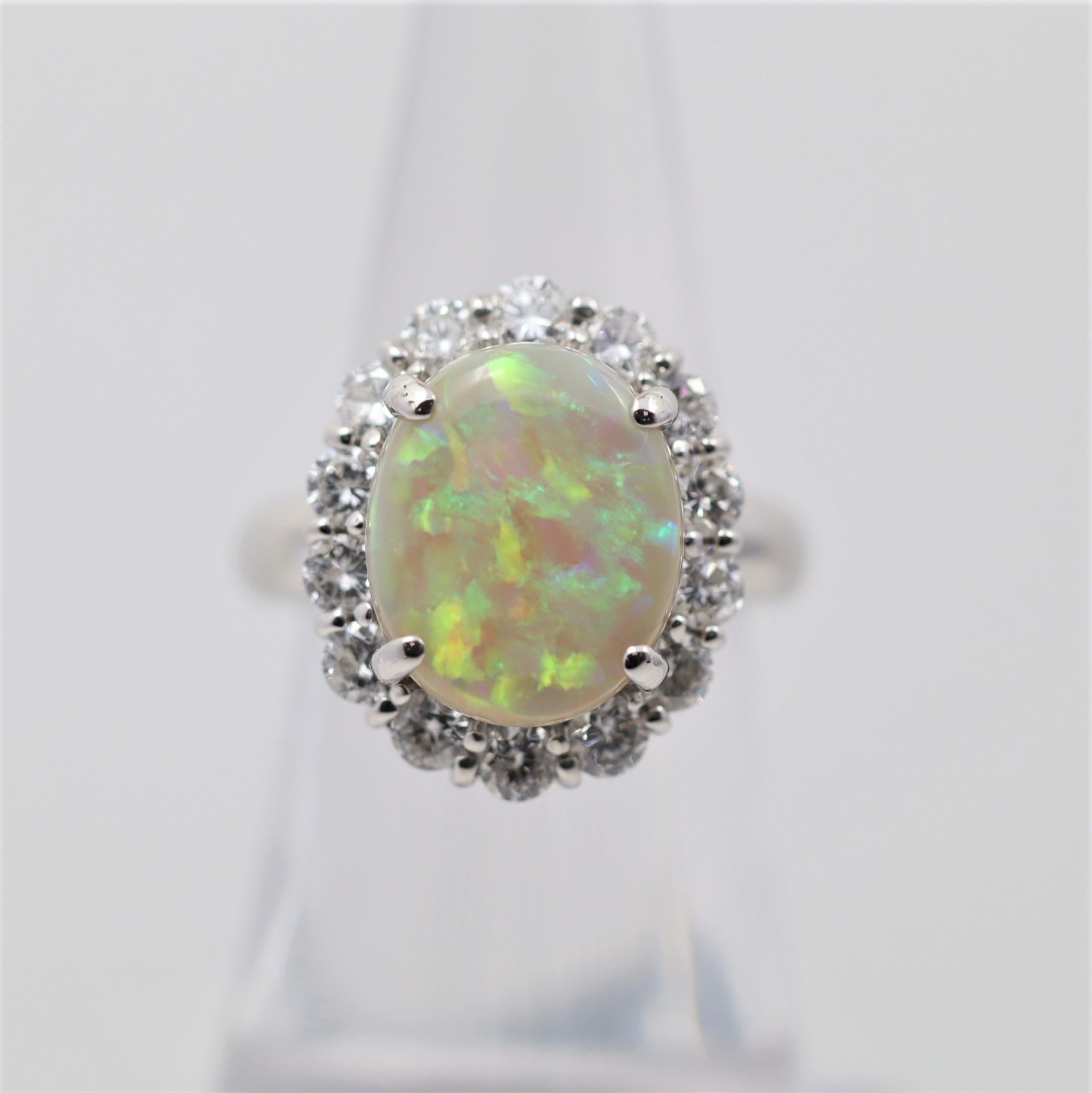 Mixed Cut Australian Opal Diamond Halo Platinum Ring For Sale