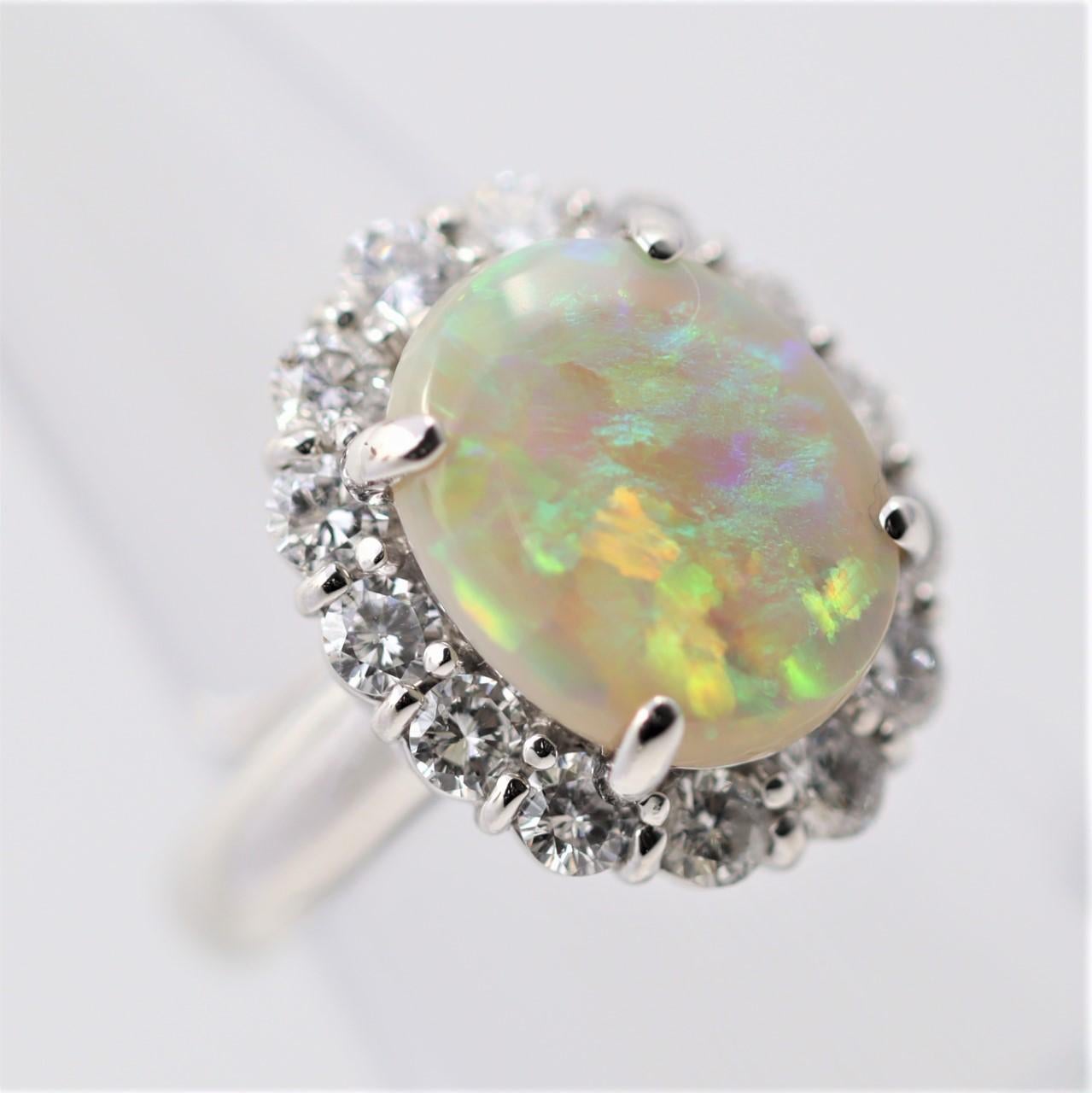 Australian Opal Diamond Halo Platinum Ring In New Condition For Sale In Beverly Hills, CA