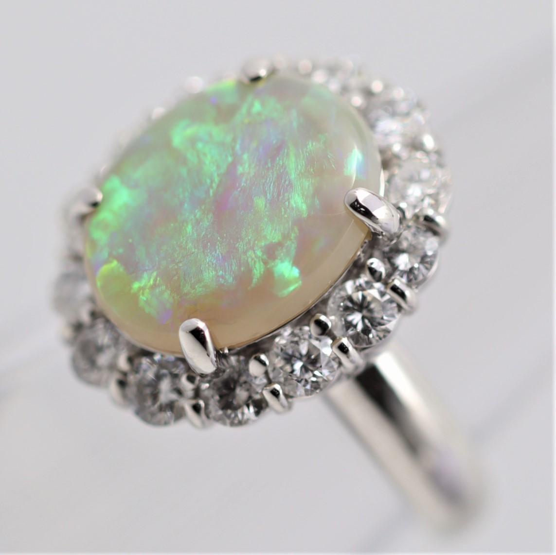 Women's Australian Opal Diamond Halo Platinum Ring For Sale