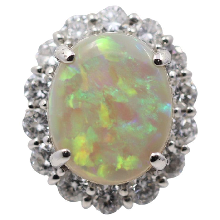 Australian Opal Diamond Halo Platinum Ring For Sale