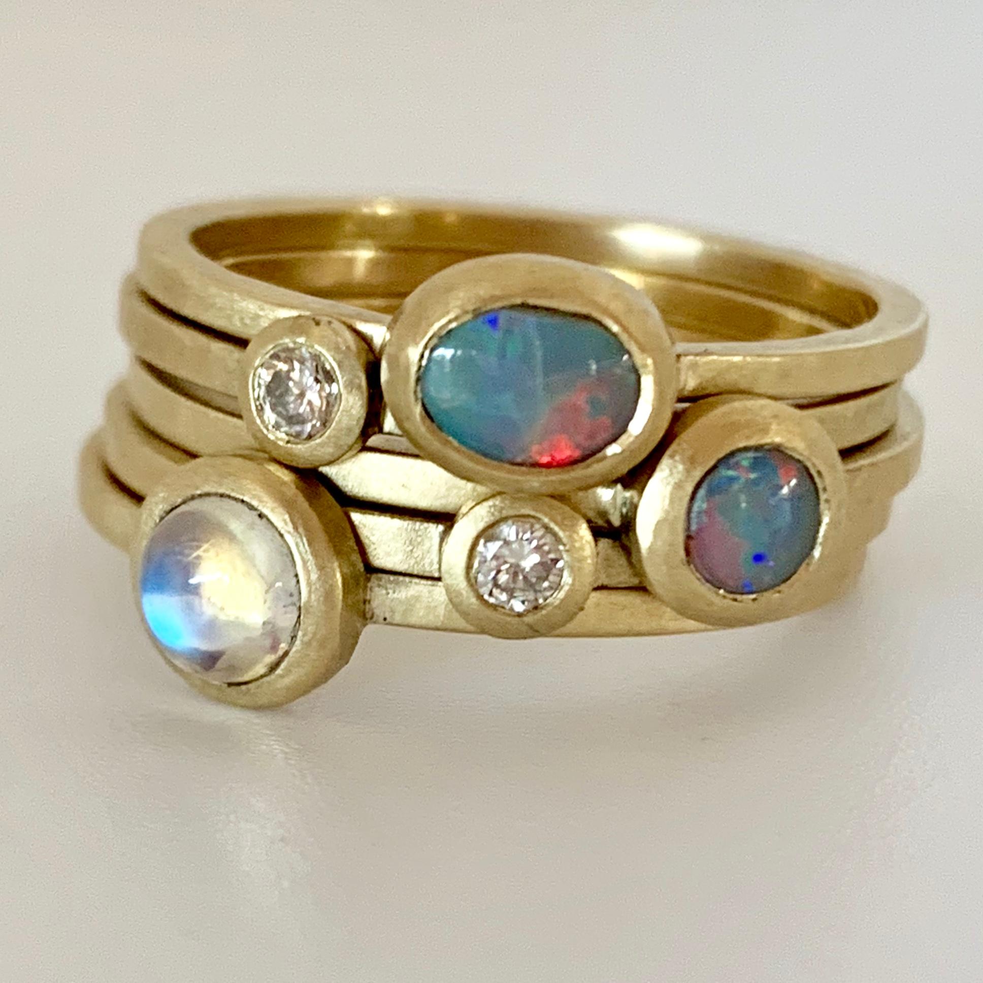 Round Cut Australian Opal Diamond Moonstone Fine 18 Karat Yellow Gold Stacking Ring For Sale
