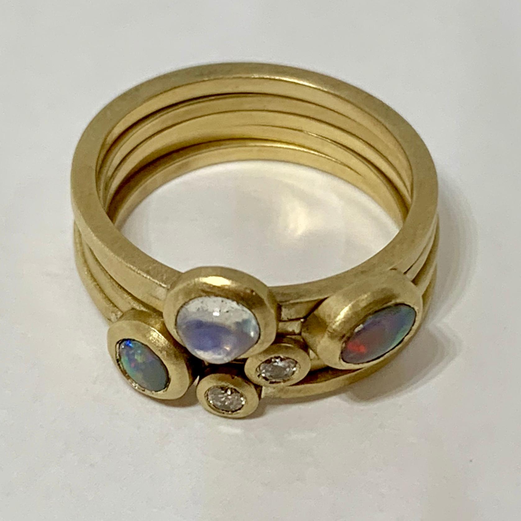 Australian Opal Diamond Moonstone Fine 18 Karat Yellow Gold Stacking Ring In New Condition For Sale In Brisbane, AU