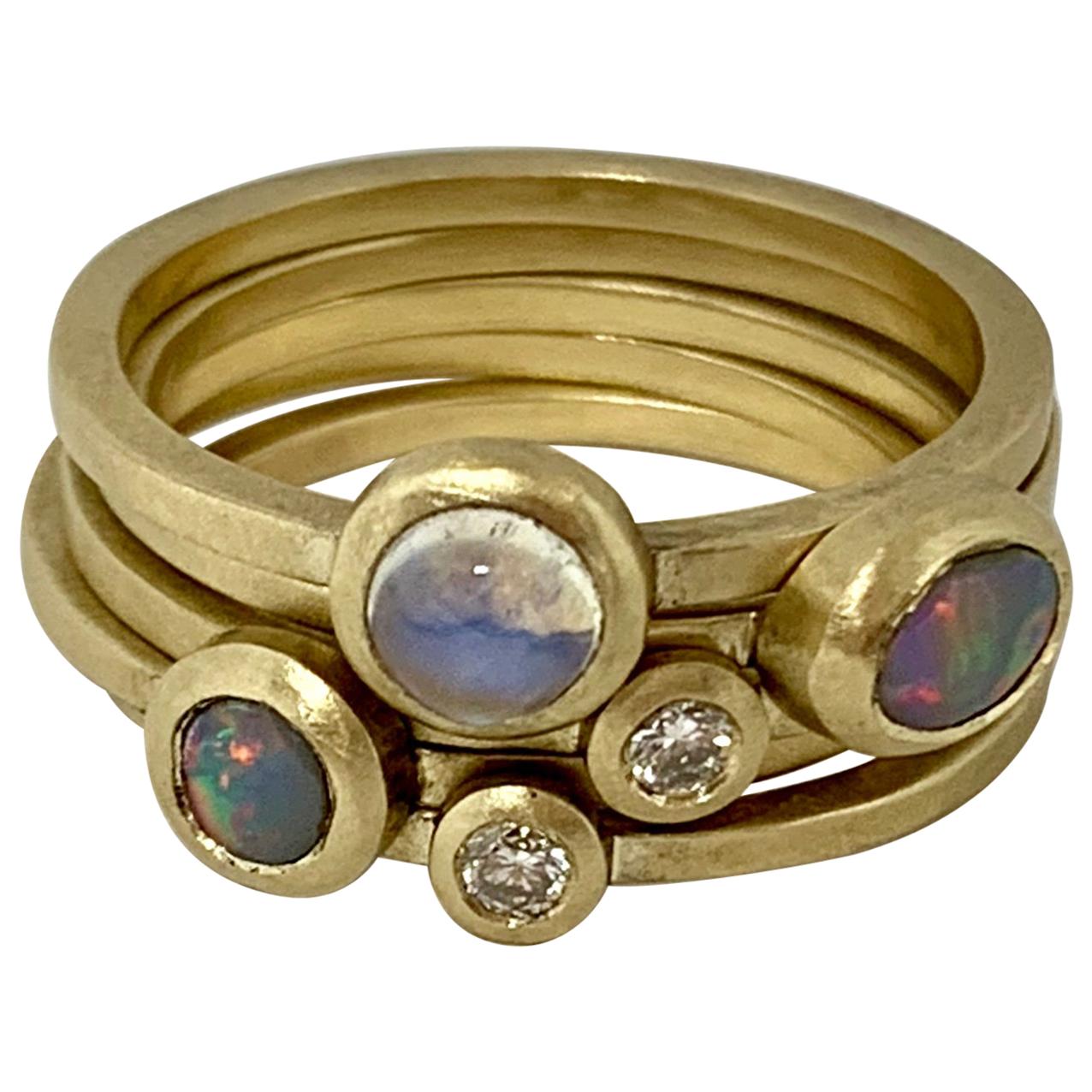 Australian Opal Diamond Moonstone Fine 18 Karat Yellow Gold Stacking Ring For Sale