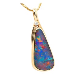 Australian Opal Diamond Necklace 14 Karat Yellow Gold Australian Opal Diamond Necklace 14 Karat Yellow Gold