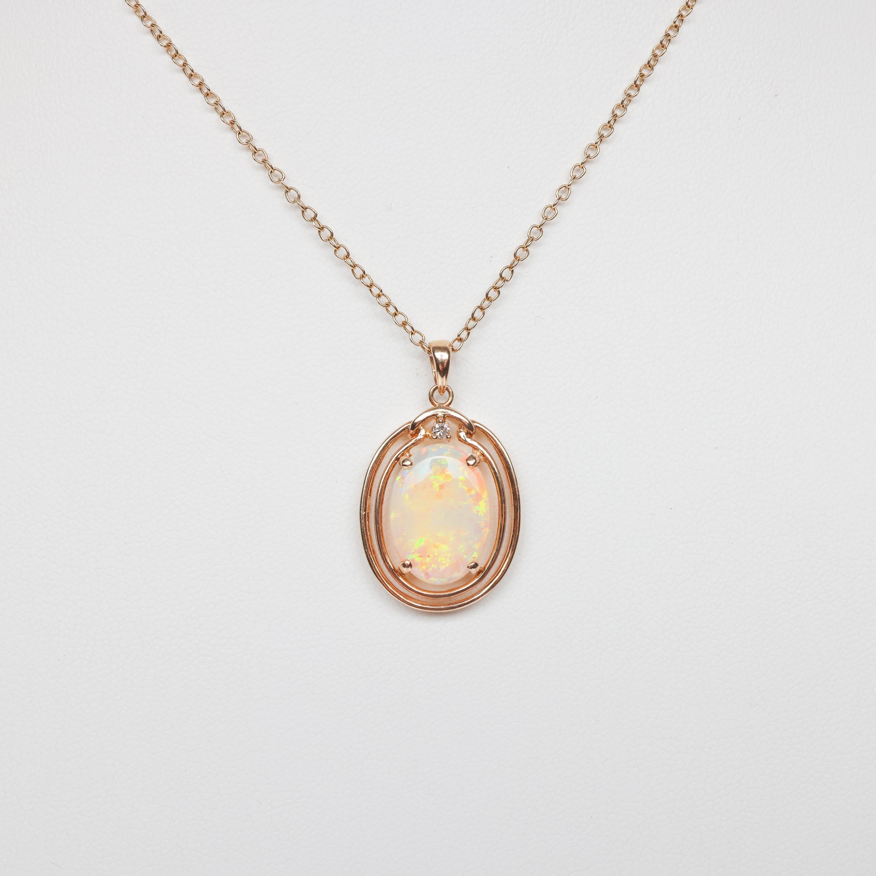 Oval Cut Australian Opal & Diamond Pendant Certified For Sale