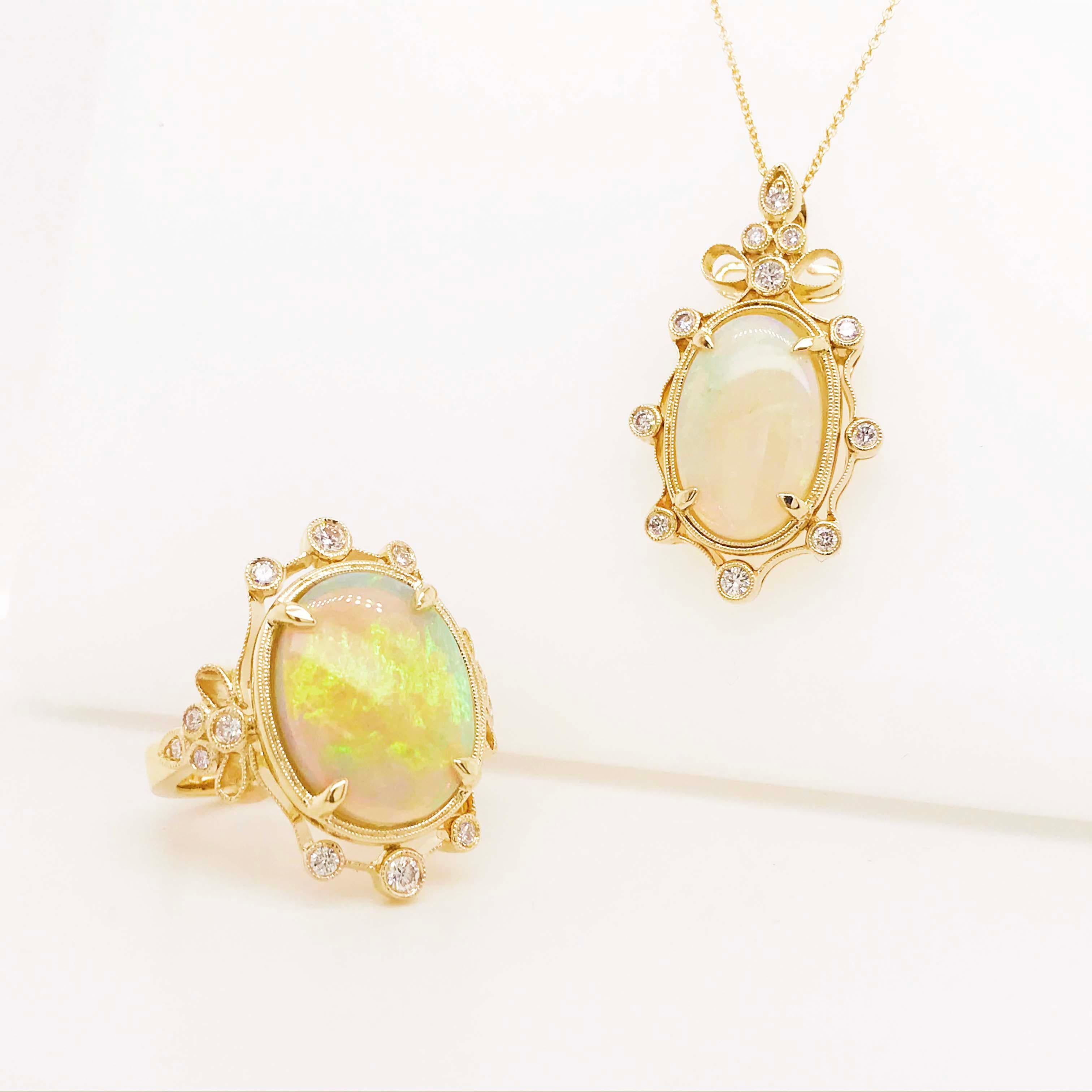 Australischer Opal- und Diamant-Anhänger und Kette 3 Karat Opal 14 Karat Gelbgold 2