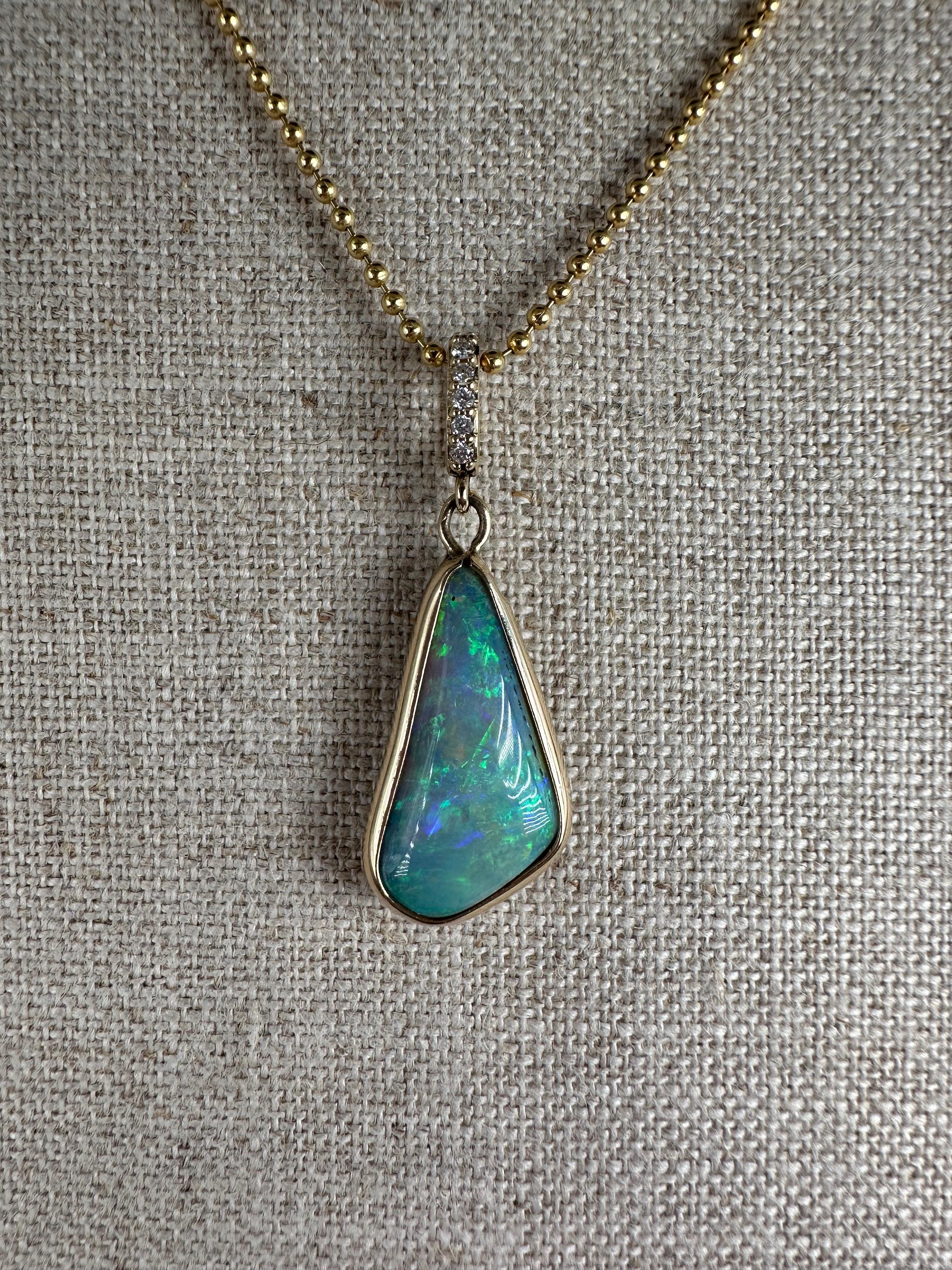 Australian Opal Diamond Pendant Necklace 14 Karat Modern Bezel Pendant In New Condition For Sale In Jupiter, FL