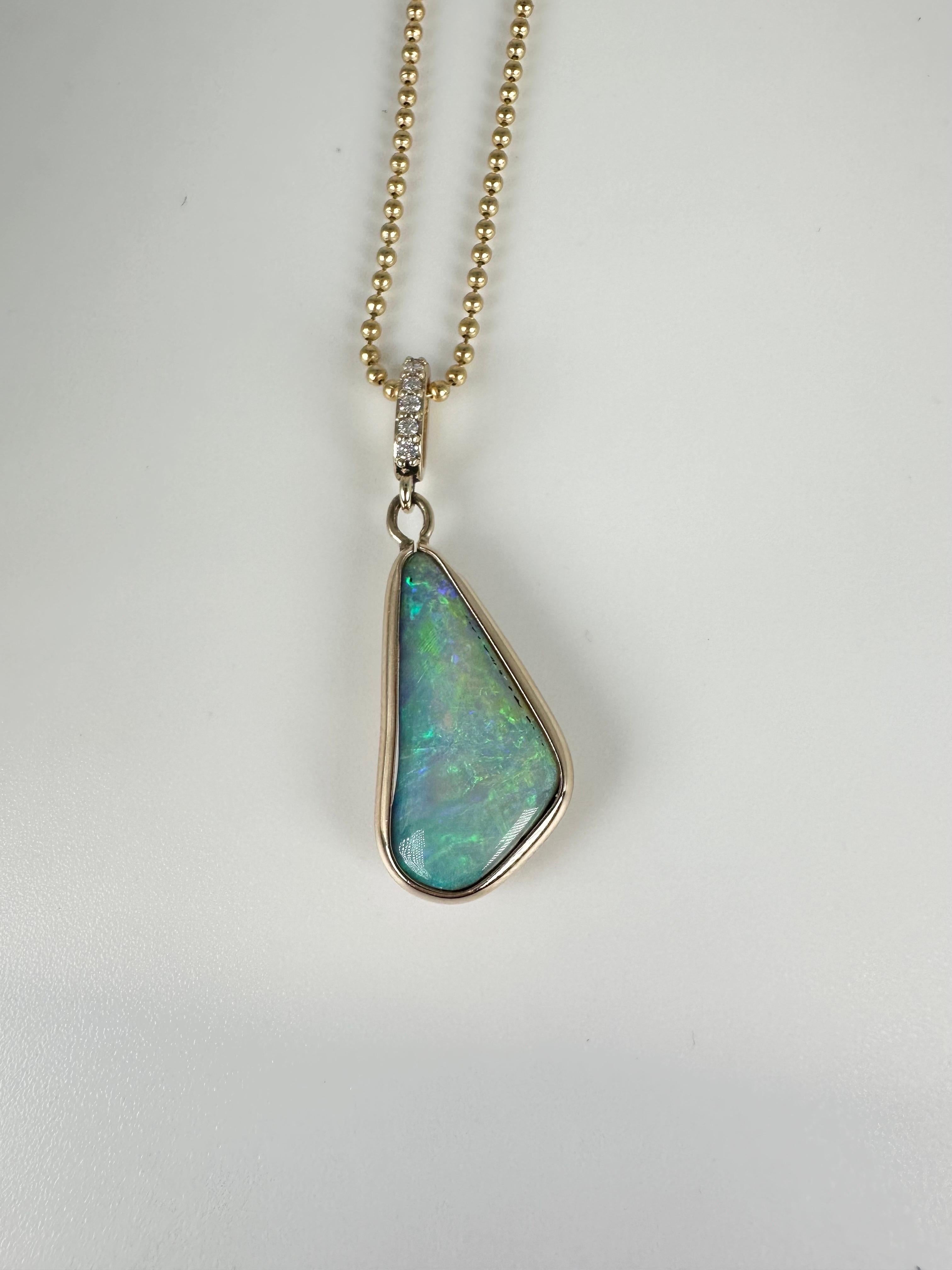 Australian Opal Diamond Pendant Necklace 14 Karat Modern Bezel Pendant For Sale 1