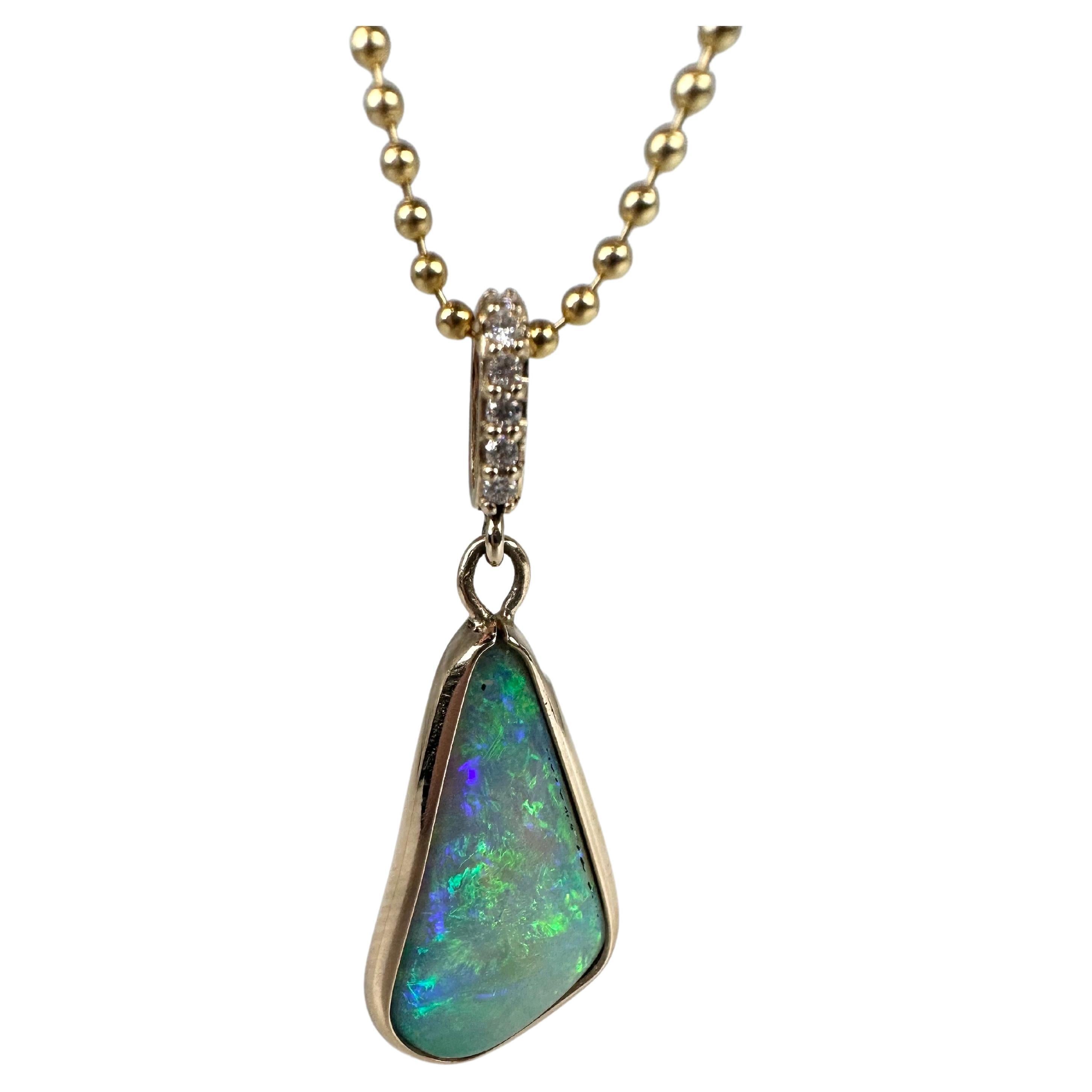 Australian Opal Diamond Pendant Necklace 14 Karat Modern Bezel Pendant For Sale