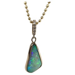 Australian Opal Diamond Pendant Necklace 14 Karat Modern Bezel Pendant