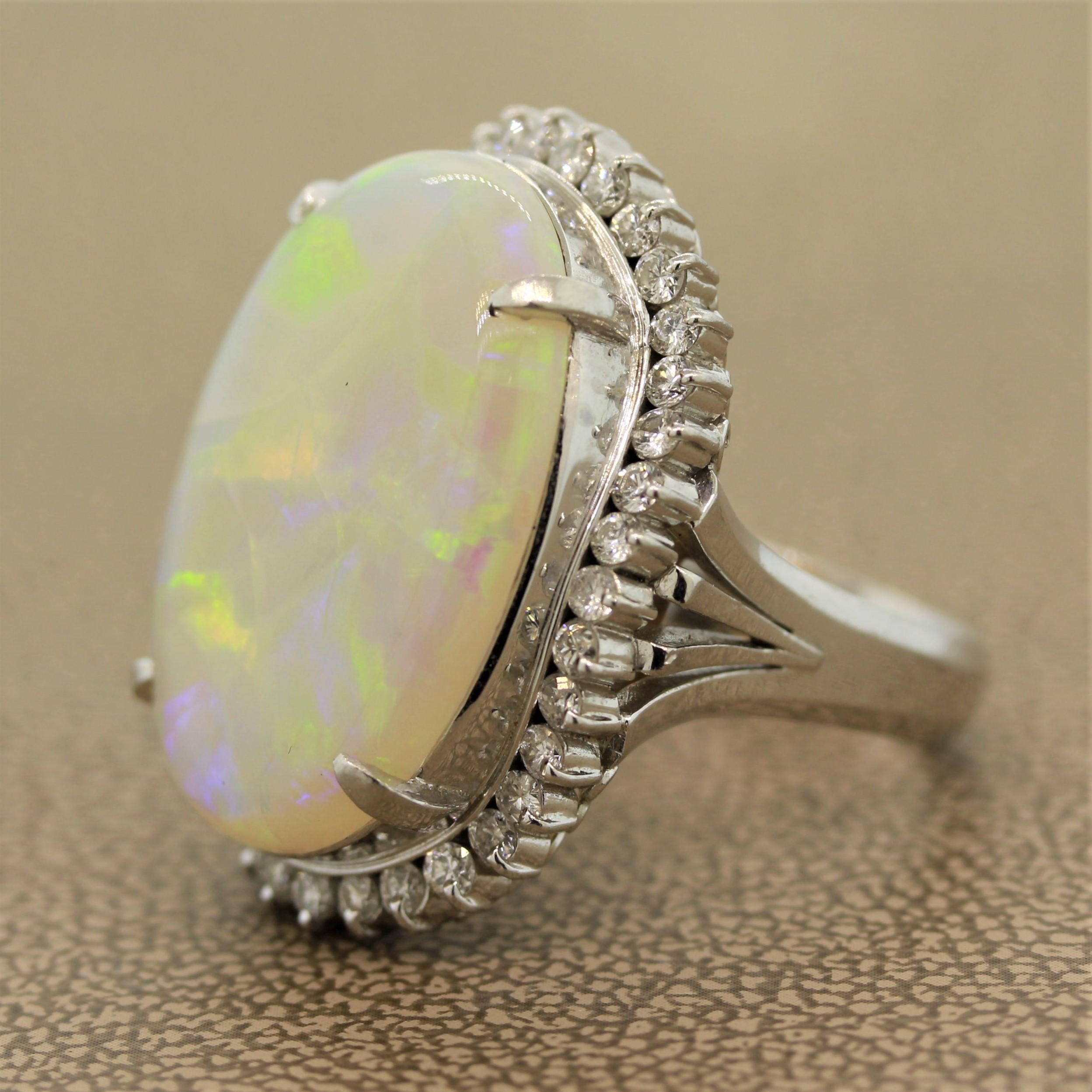 Cabochon Australian Opal Diamond Platinum Cocktail Ring For Sale