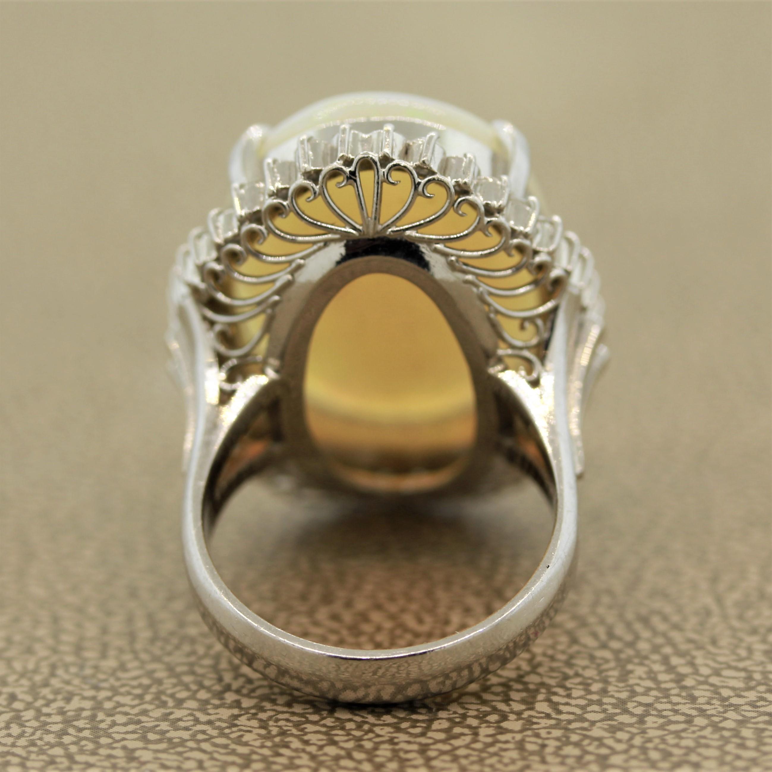Women's or Men's Australian Opal Diamond Platinum Cocktail Ring For Sale
