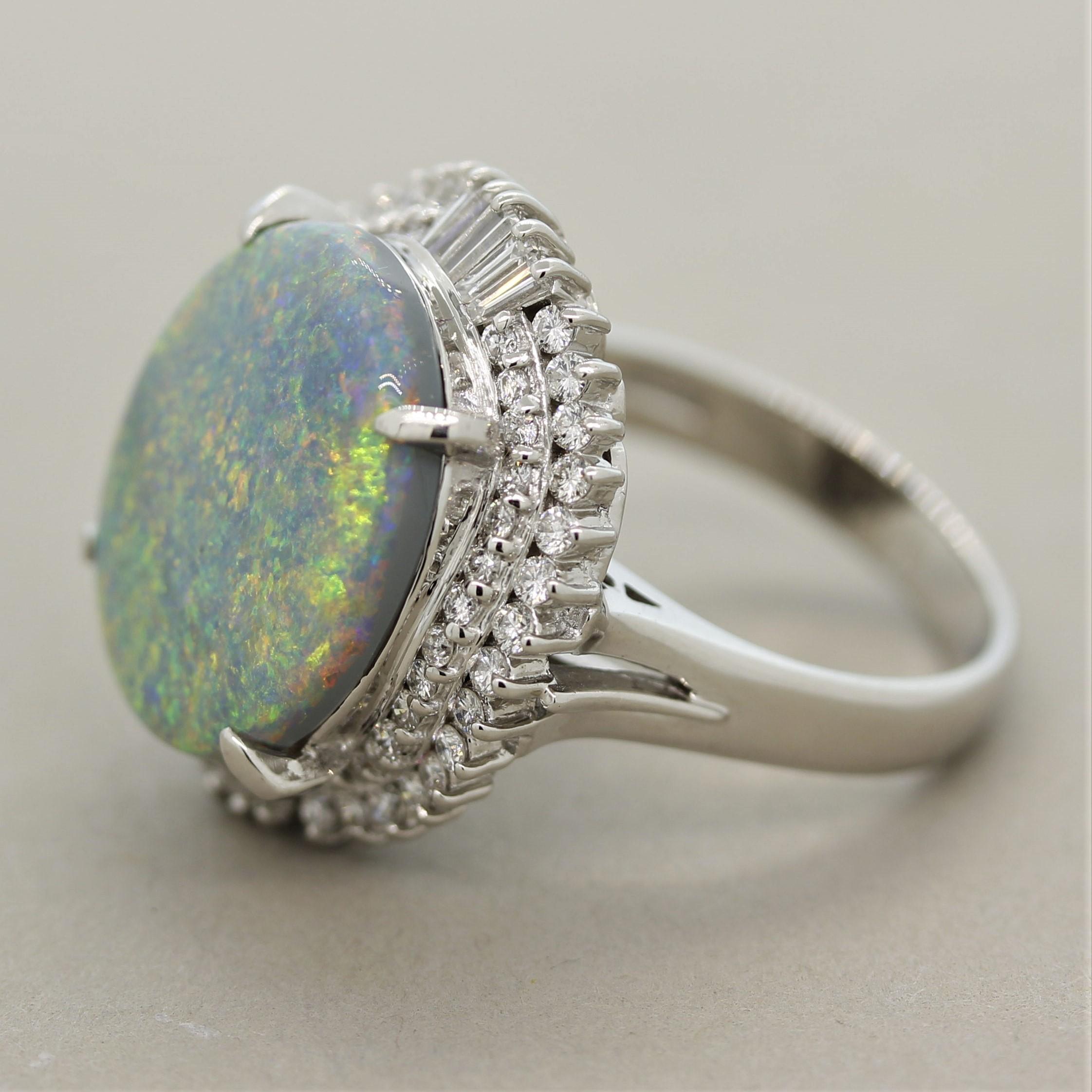 Mixed Cut Australian Opal Diamond Platinum Ring For Sale