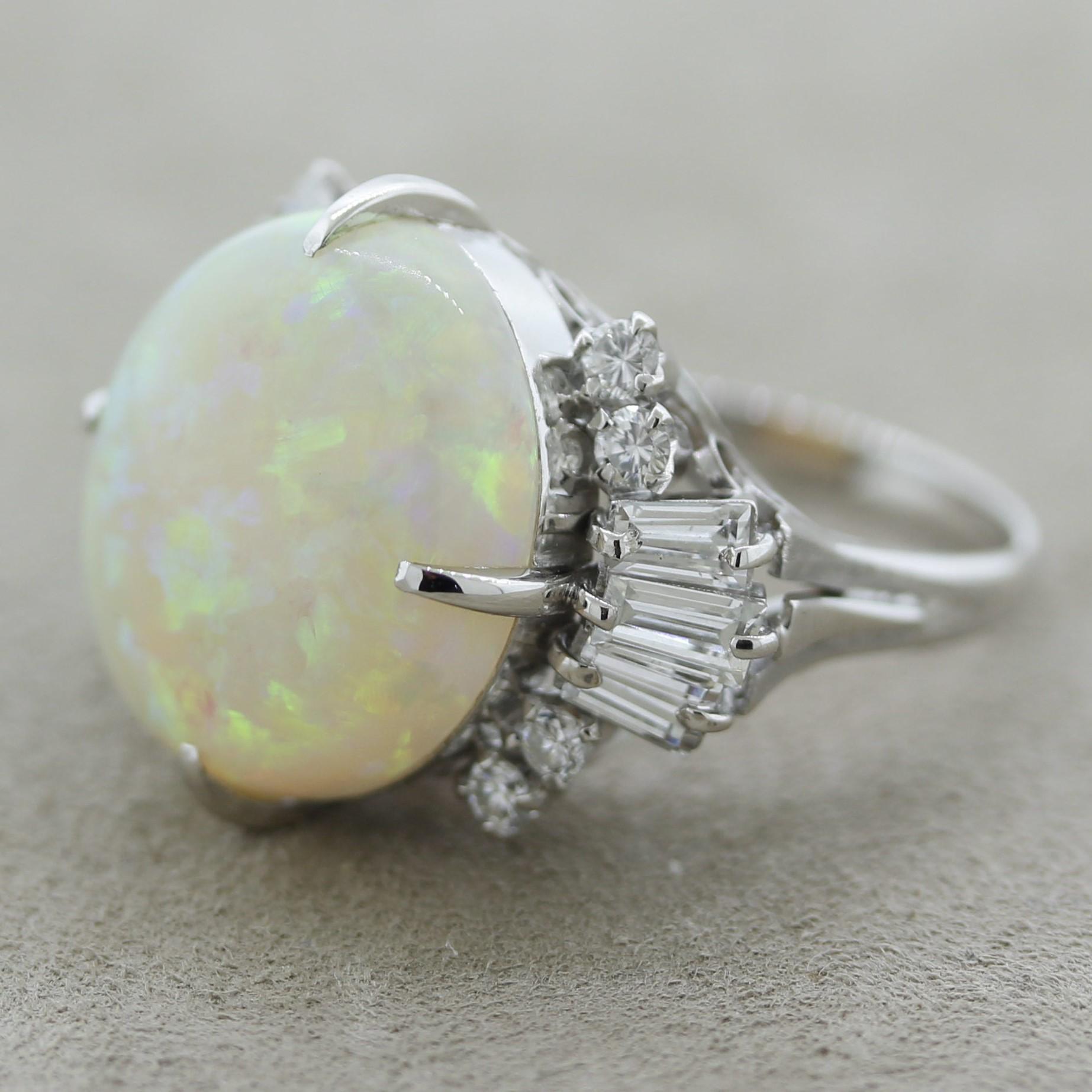 Mixed Cut Australian Opal Diamond Platinum Ring For Sale