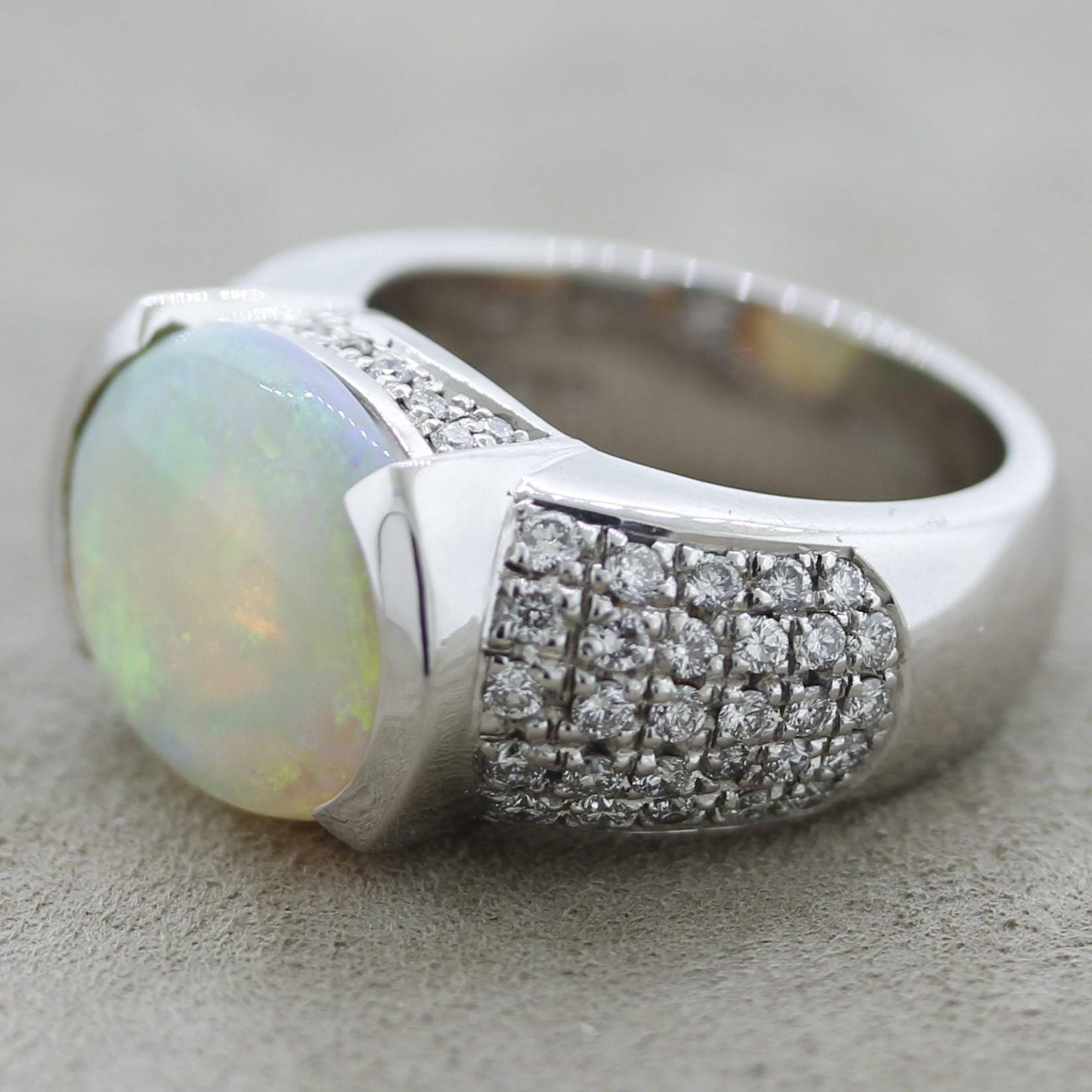 Mixed Cut Australian Opal Diamond Platinum Ring For Sale