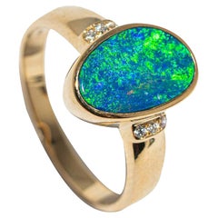 Australian Opal Diamond Ring 14 Karat Yellow Gold