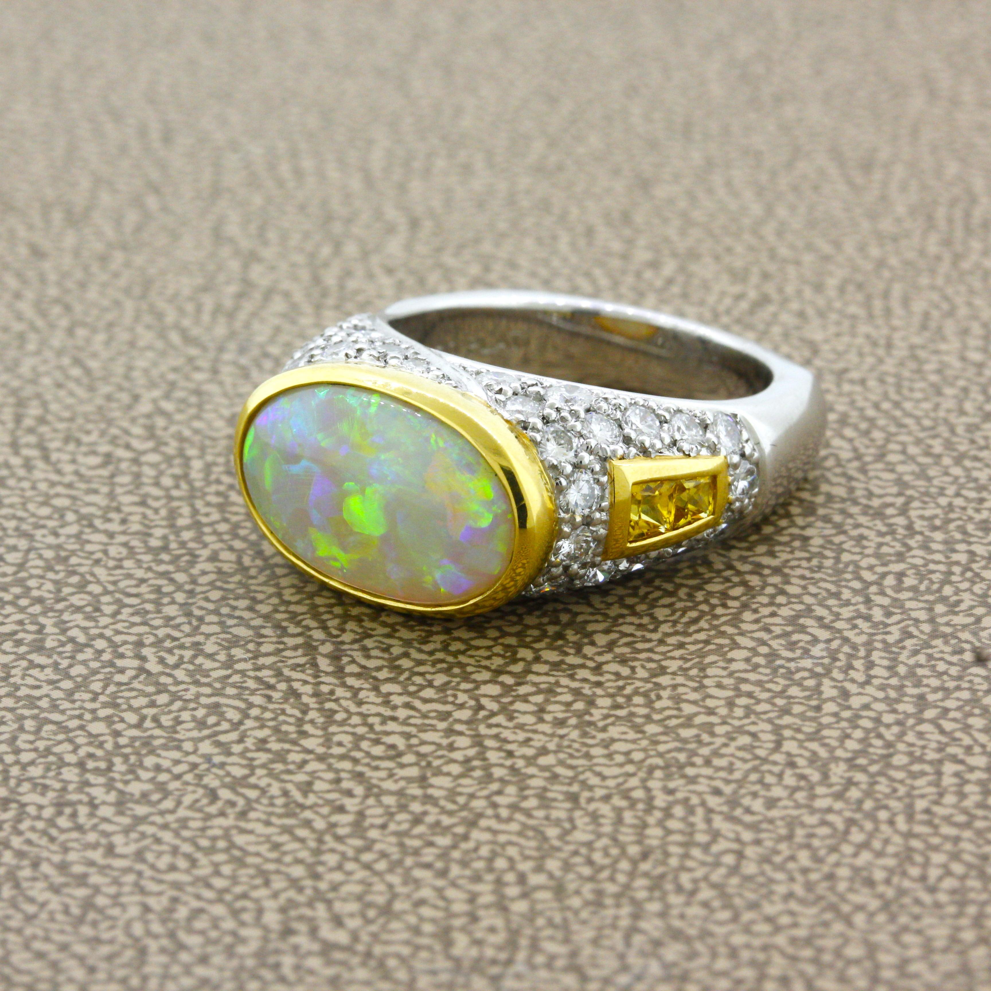 Oval Cut Australian Opal Diamond Sapphire Gold & Platinum Two-Tone Ring For Sale