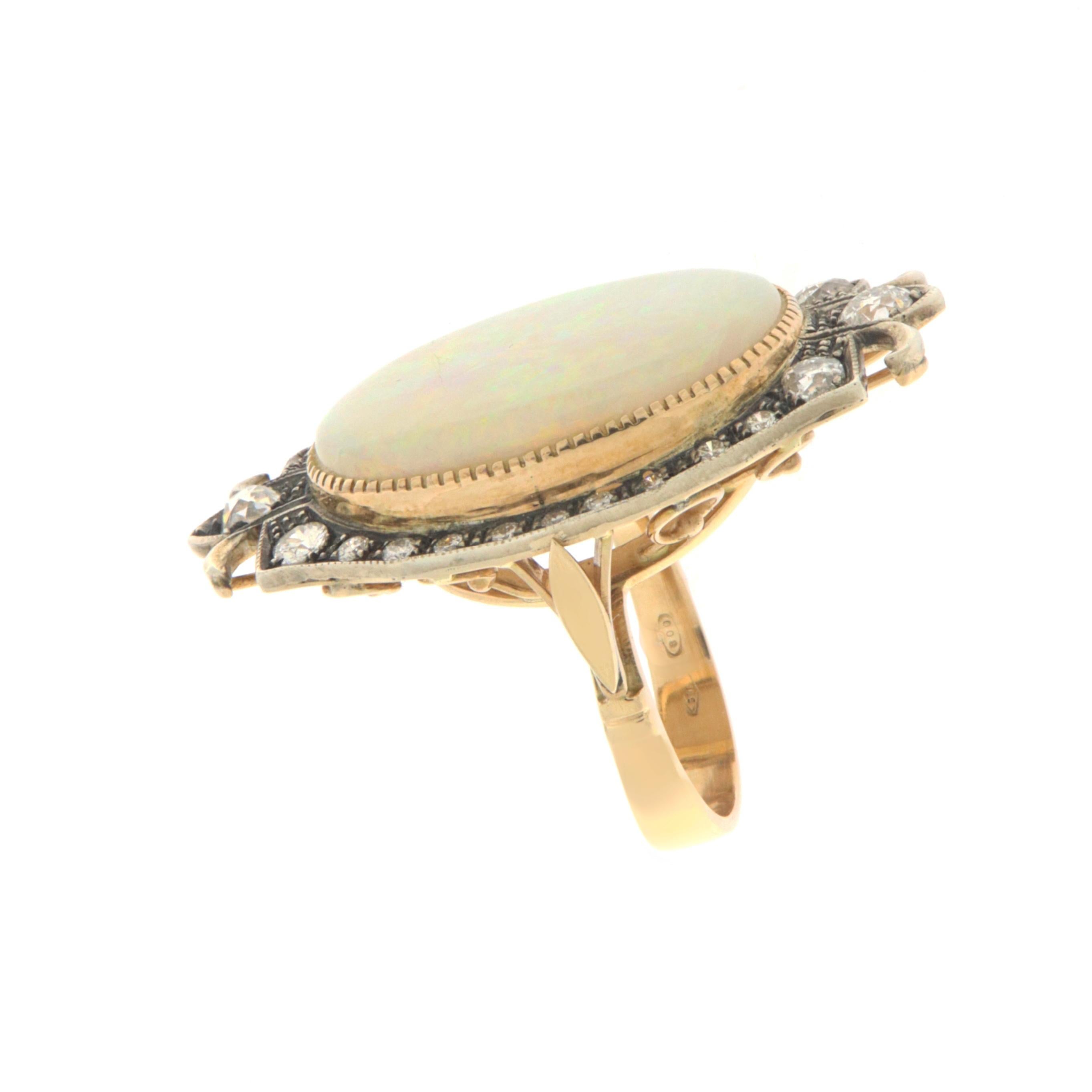 Brilliant Cut Australian Opal Diamonds 14 Karat Yellow Gold Cocktail Ring For Sale