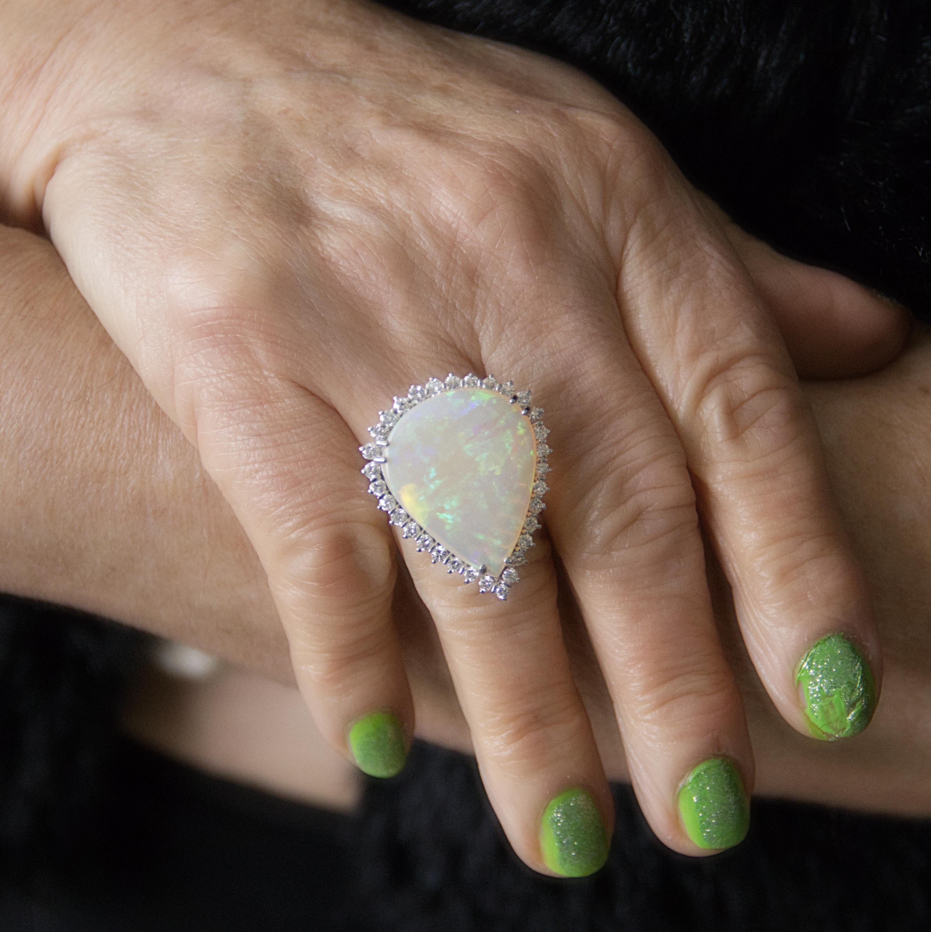 Women's Australian Opal Diamonds 18 Karat White Gold Cocktail Ring For Sale