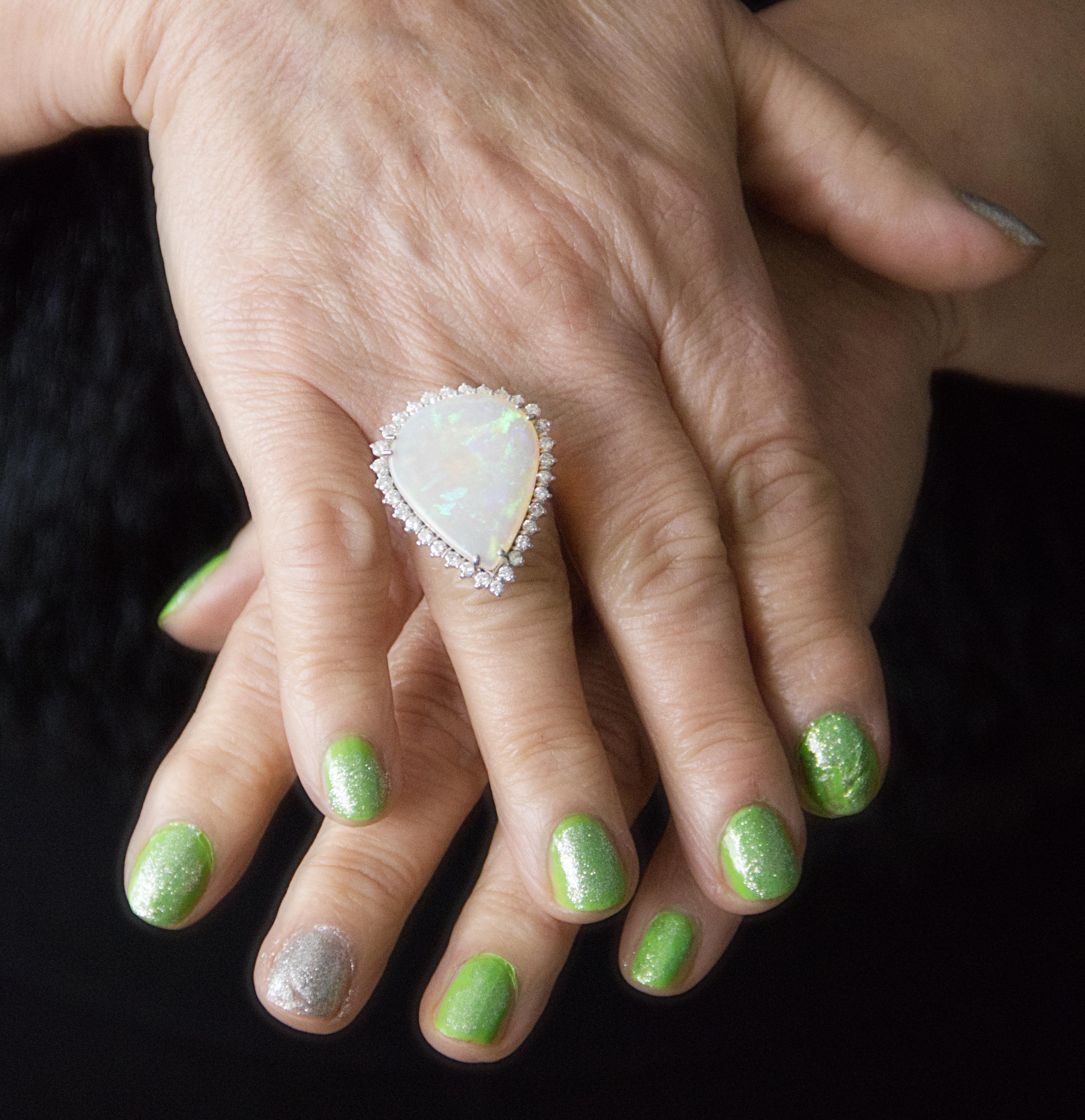 Australian Opal Diamonds 18 Karat White Gold Cocktail Ring For Sale 2