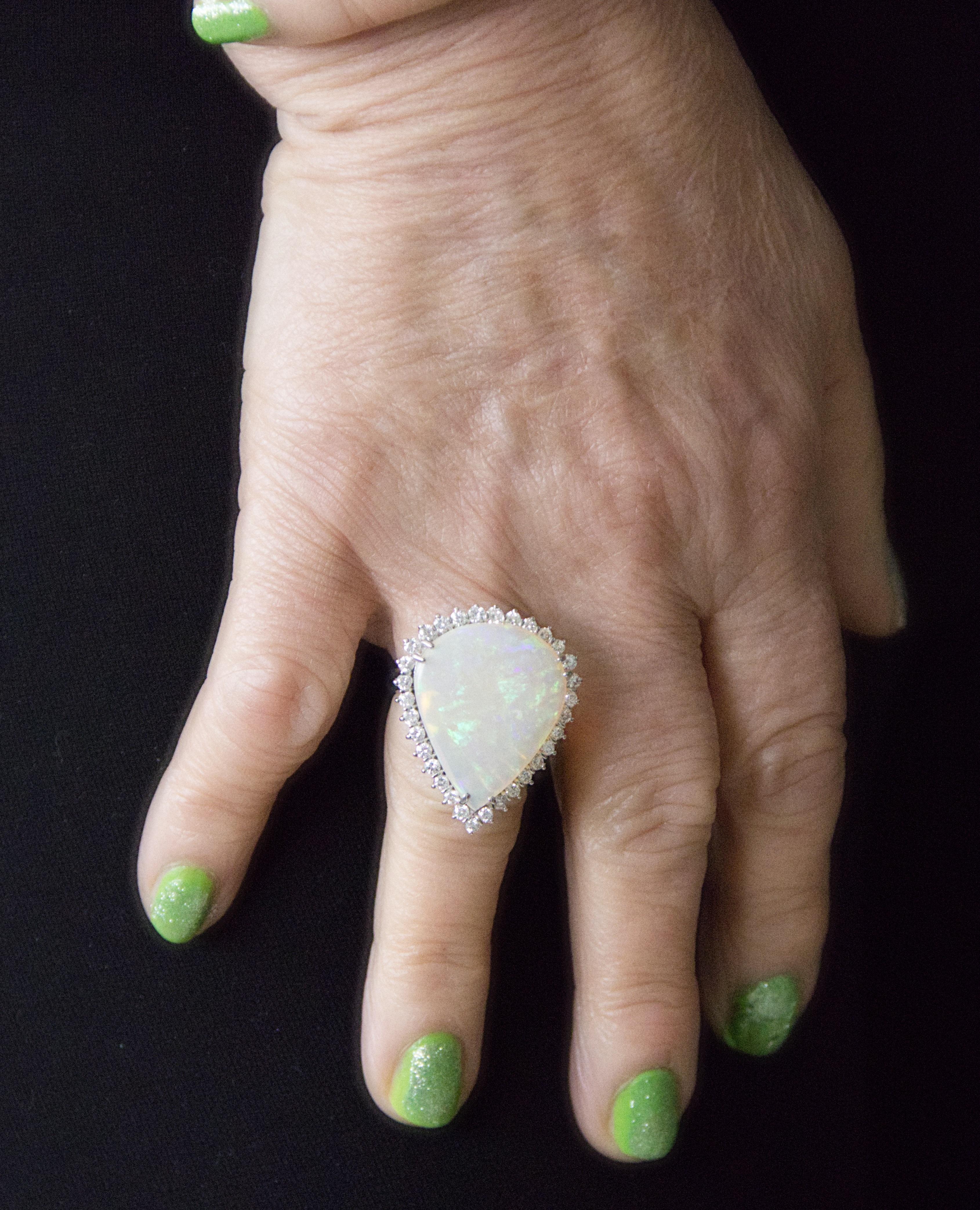 Australian Opal Diamonds 18 Karat White Gold Cocktail Ring For Sale 3