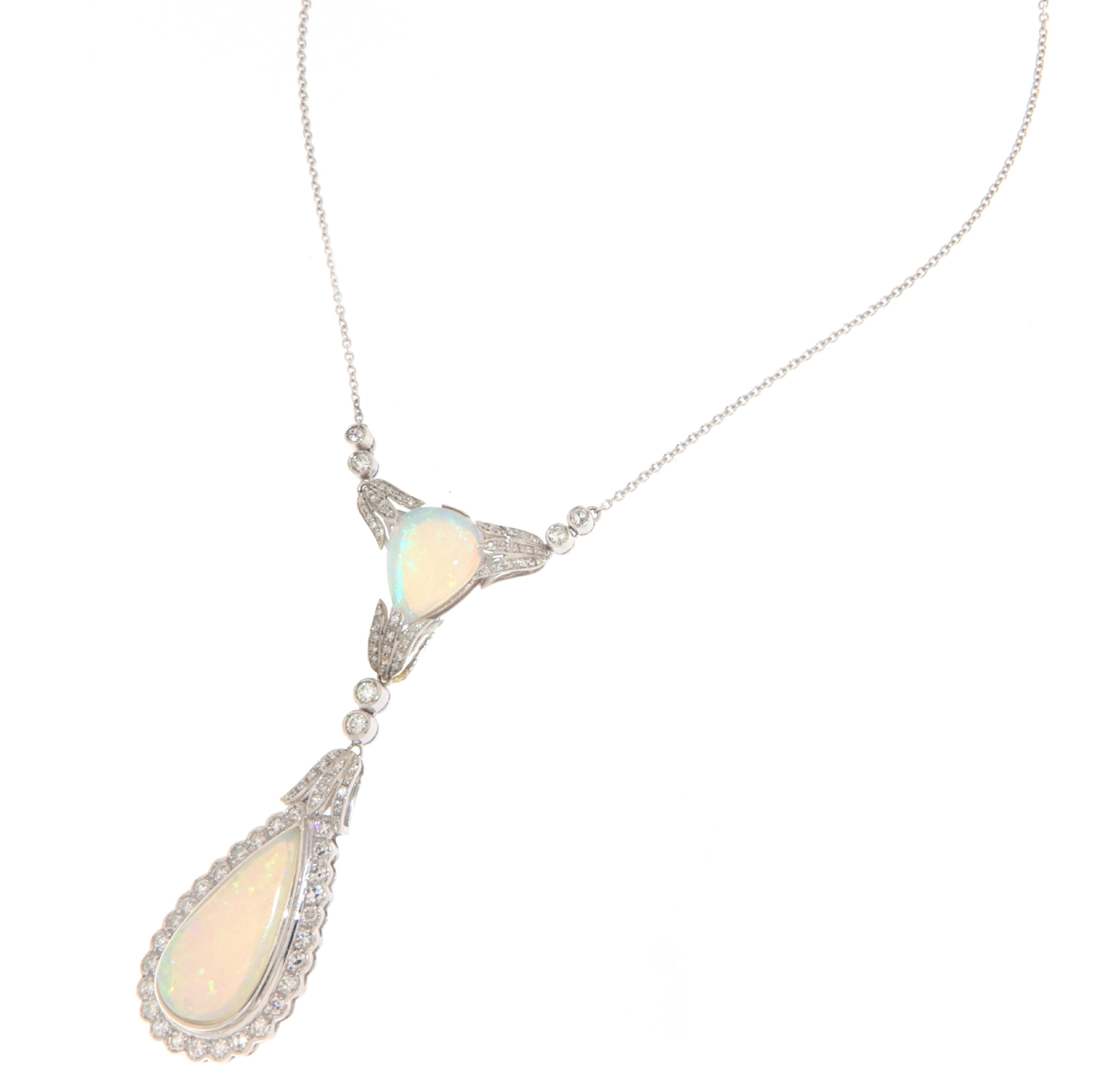 Artisan Australian Opal Diamonds 18 Karat White Gold Pendant Necklace For Sale