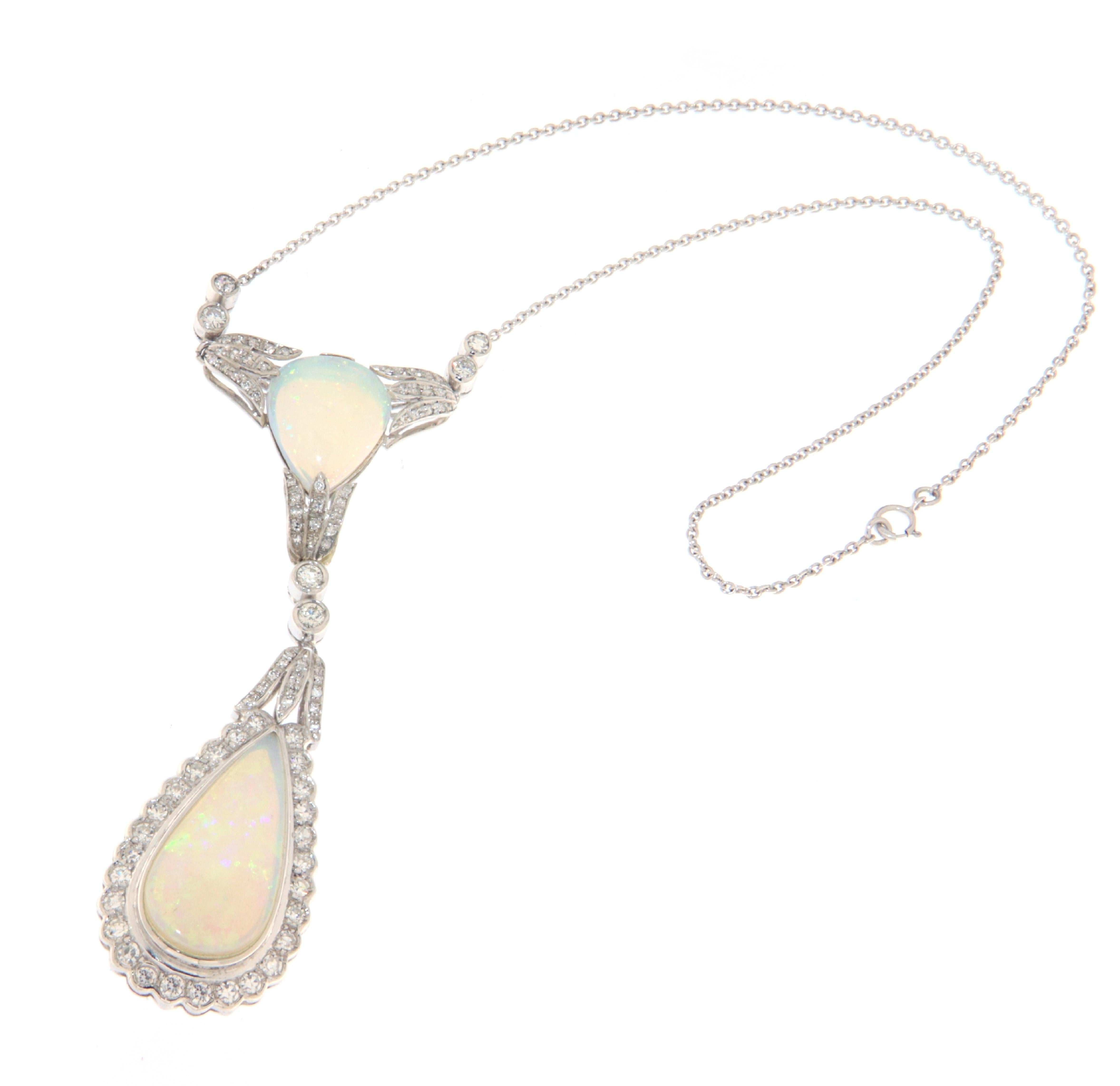 Brilliant Cut Australian Opal Diamonds 18 Karat White Gold Pendant Necklace For Sale