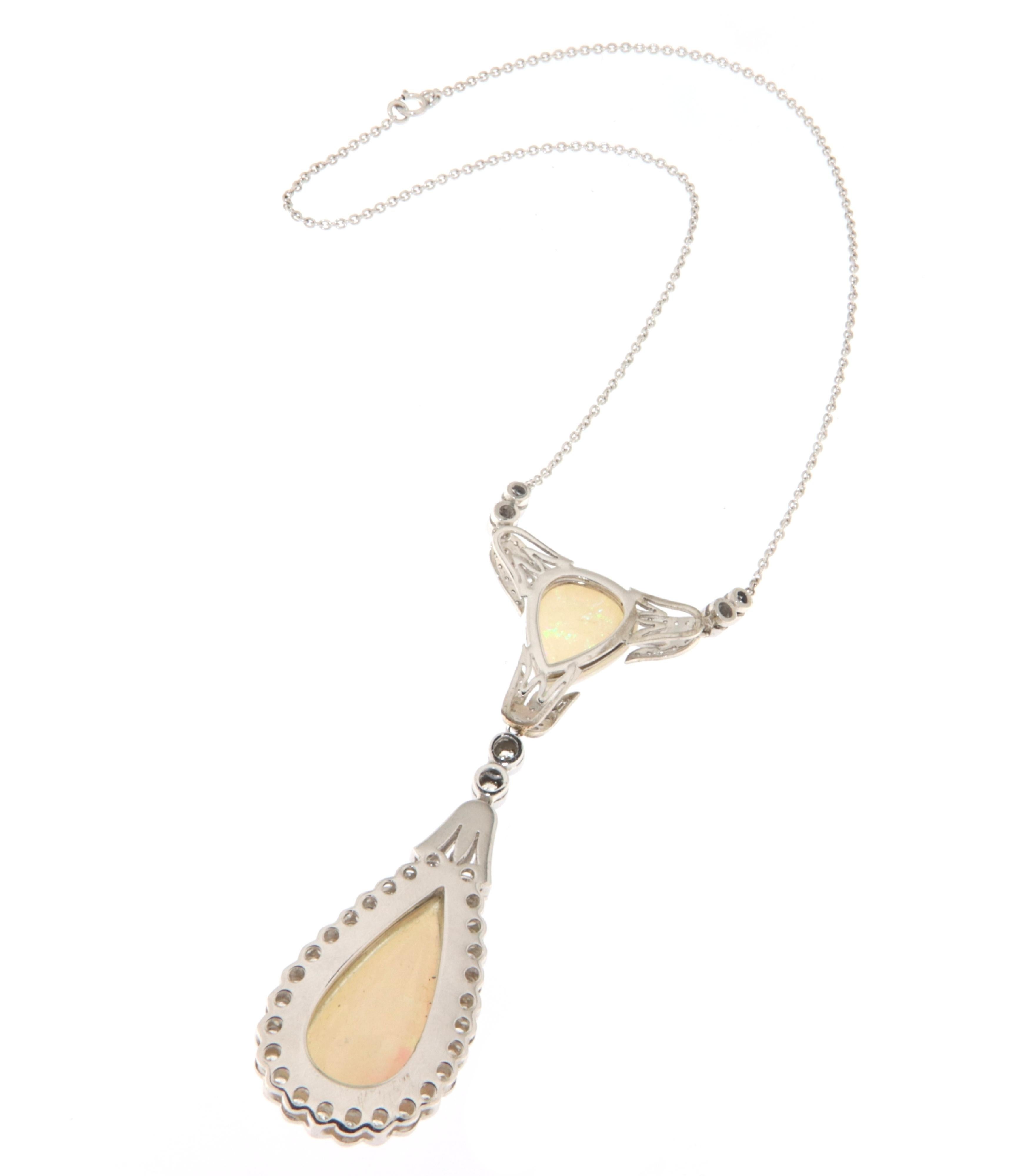 Women's Australian Opal Diamonds 18 Karat White Gold Pendant Necklace For Sale