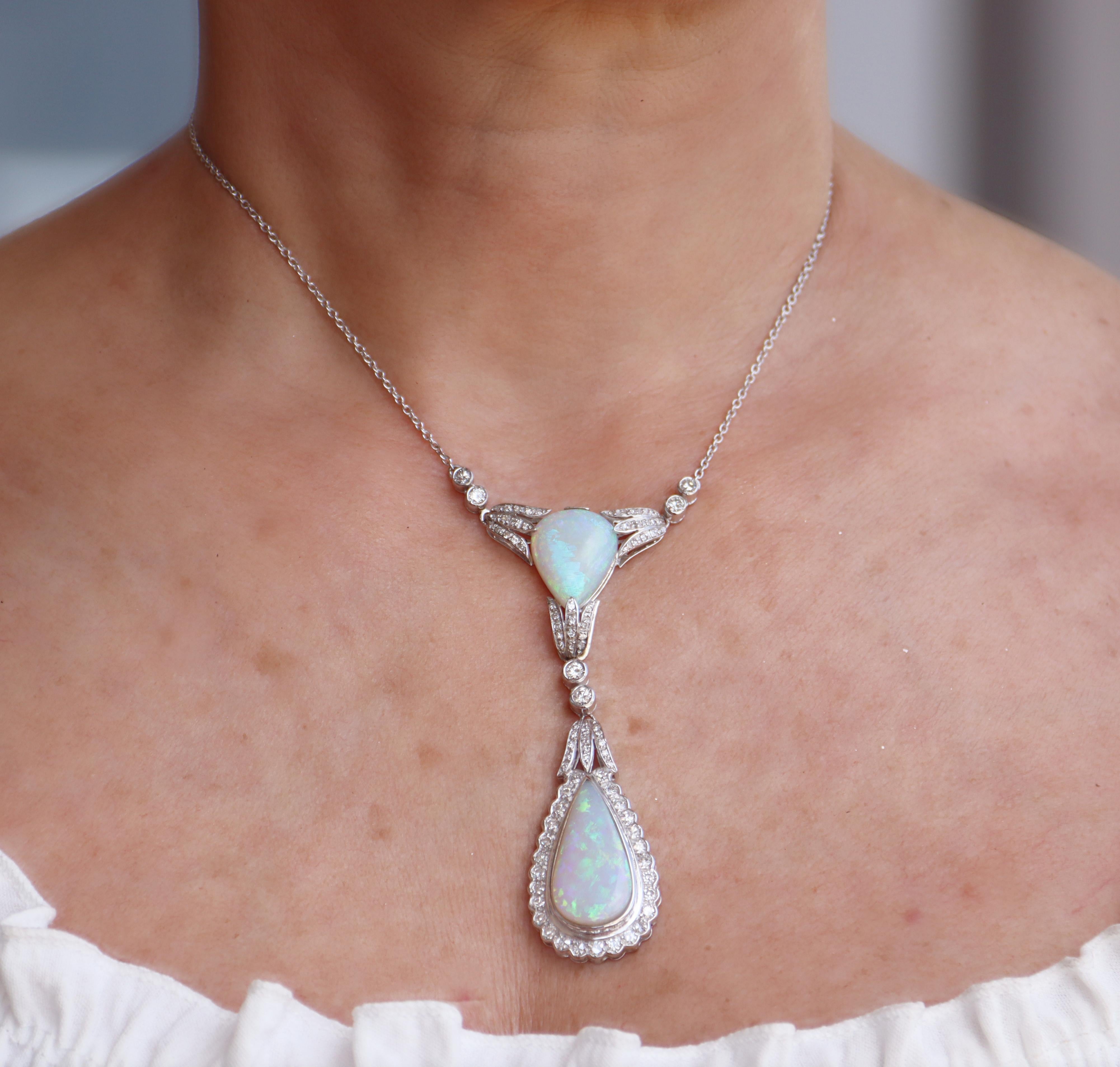 Australian Opal Diamonds 18 Karat White Gold Pendant Necklace For Sale 2