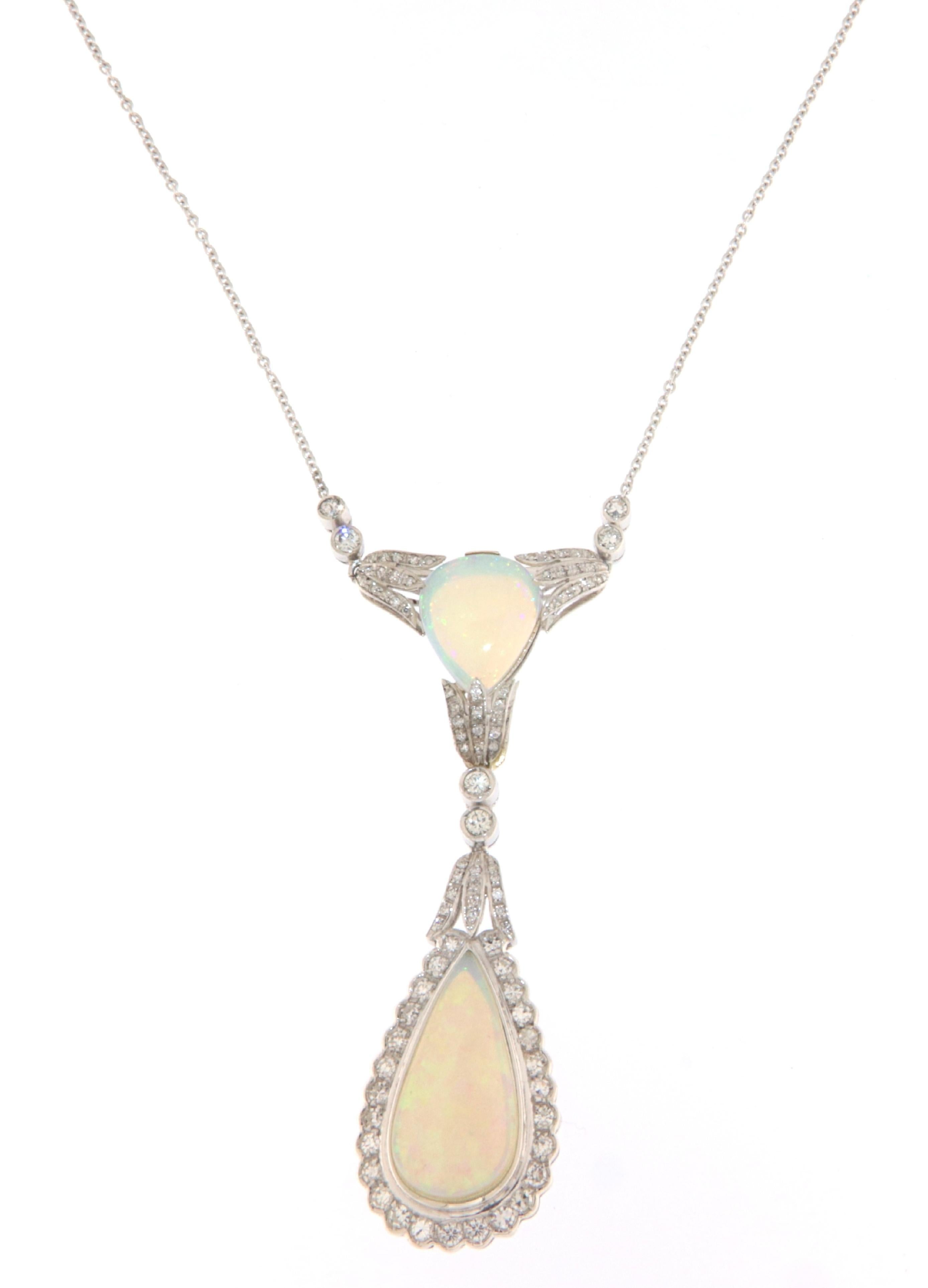 Australian Opal Diamonds 18 Karat White Gold Pendant Necklace