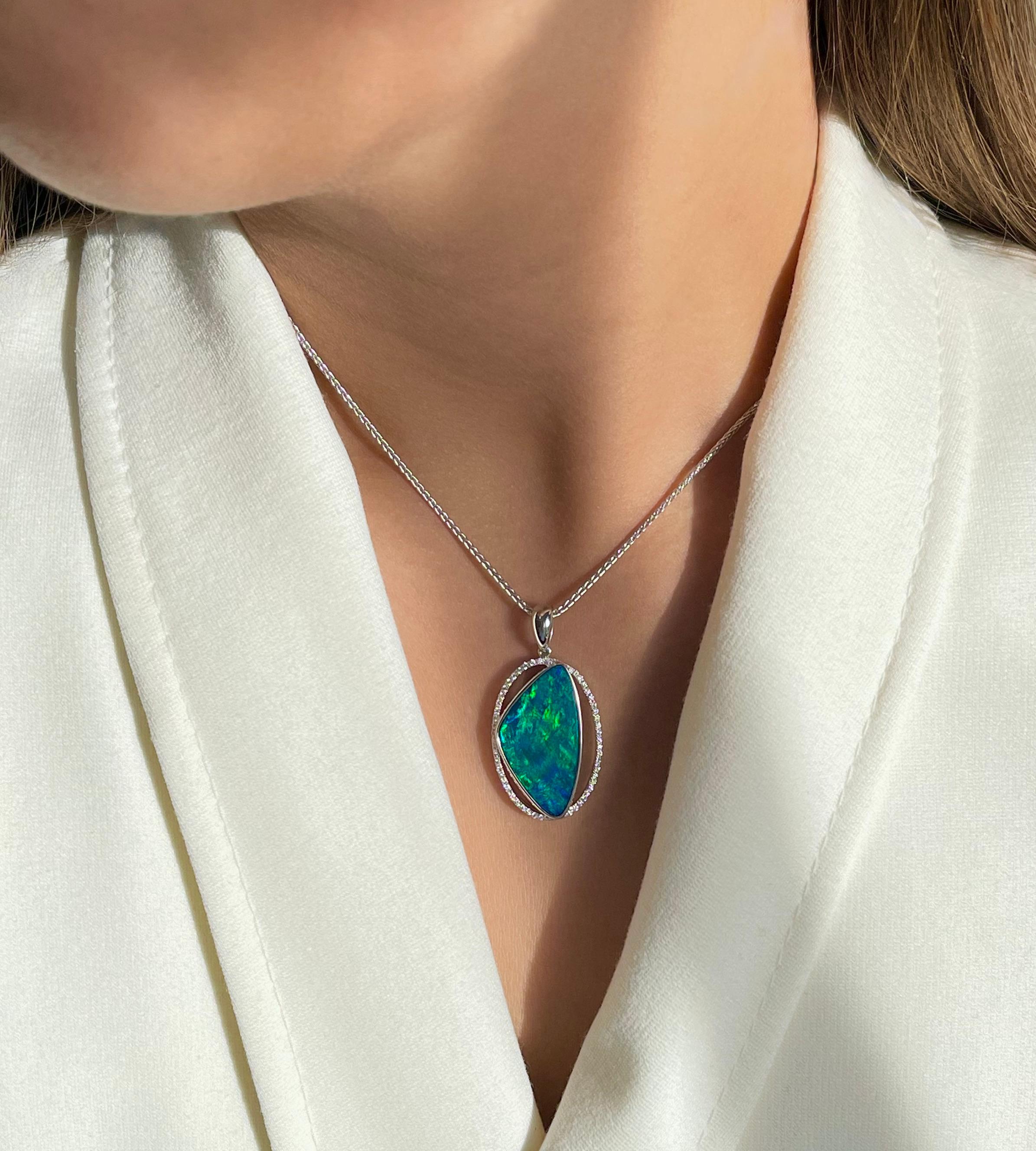 Contemporary Australian 9.24ct Opal Doublet and Diamond Necklace in 18k White Gold 