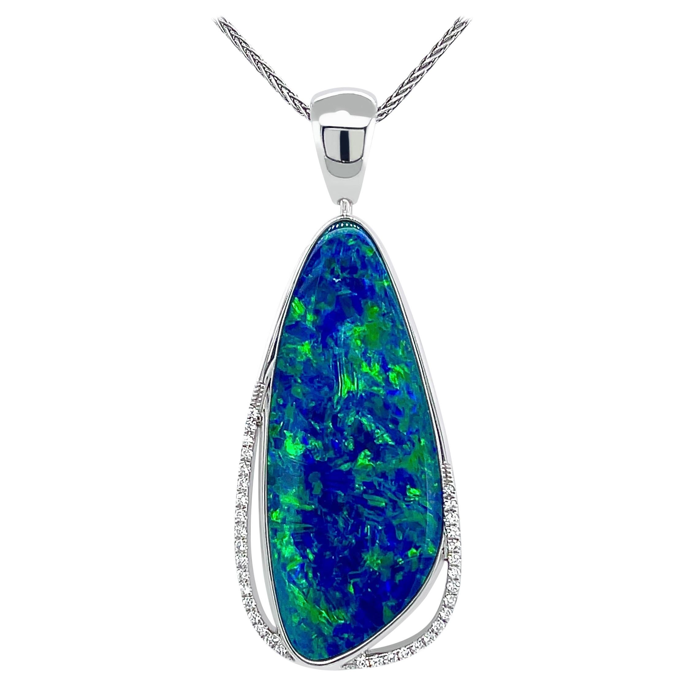 Australian 15.78ct Opal Doublet and Diamond Pendant Set in 18K White Gold For Sale