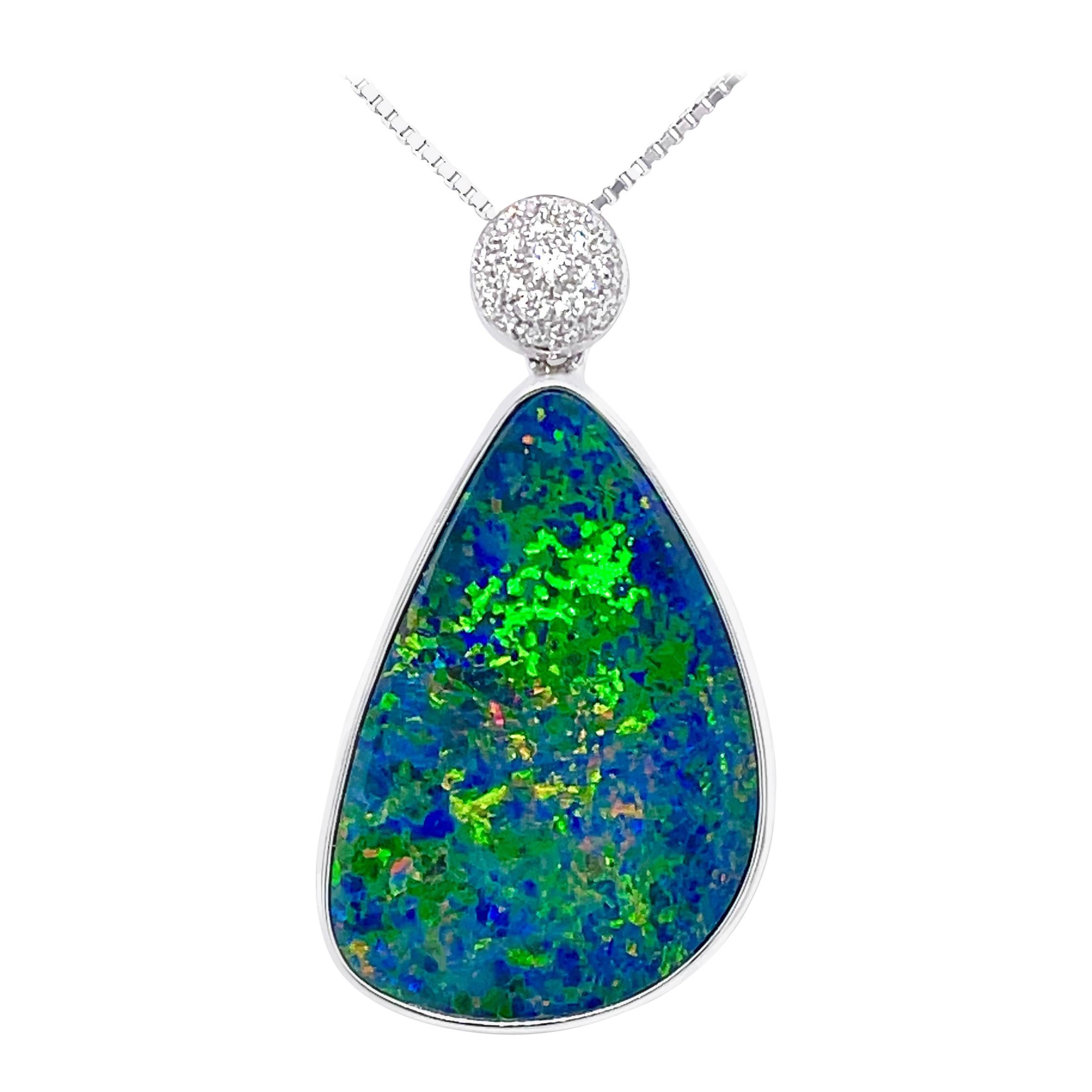 Australian Opal Doublet and Diamond Pendant Necklace in 18K White Gold