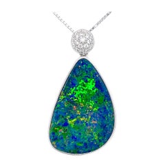 Australian Opal Doublet and Diamond Pendant Necklace in 18K White Gold