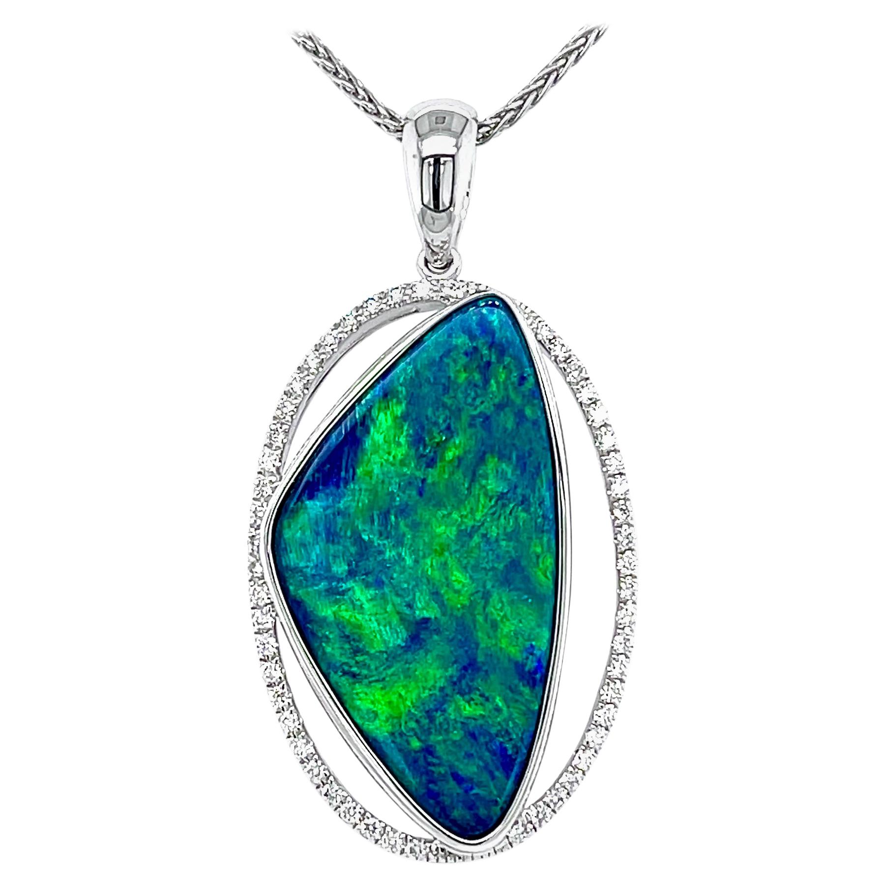 Australian 9.24ct Opal Doublet and Diamond Necklace in 18k White Gold 