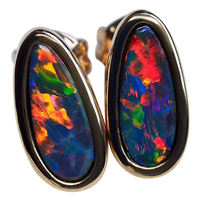 Australian Opal Doublet Earrings Gold Unisex Studs Opal For Sale at 1stDibs