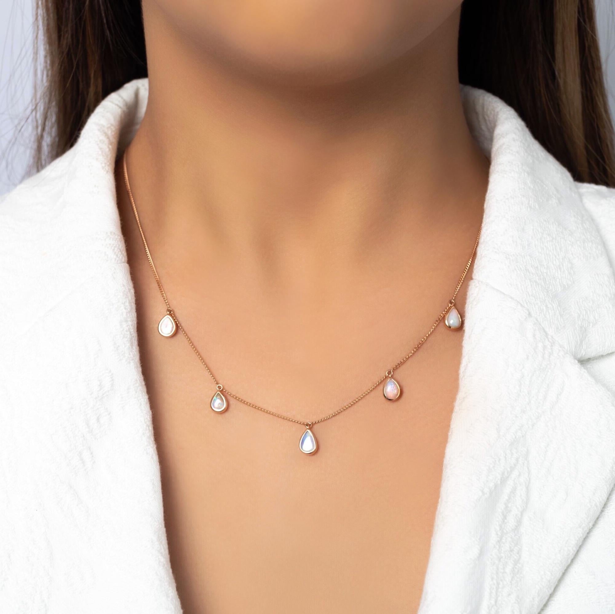 Lovely and intricate, the ‘Bianca’ necklace in 18K rose gold is beset by five remarkable iridescent boulder opals (2.32ct) from our Jundah-Opalville, Queensland mines. Featuring a teardrop tiered design this piece will be a simple but stunning
