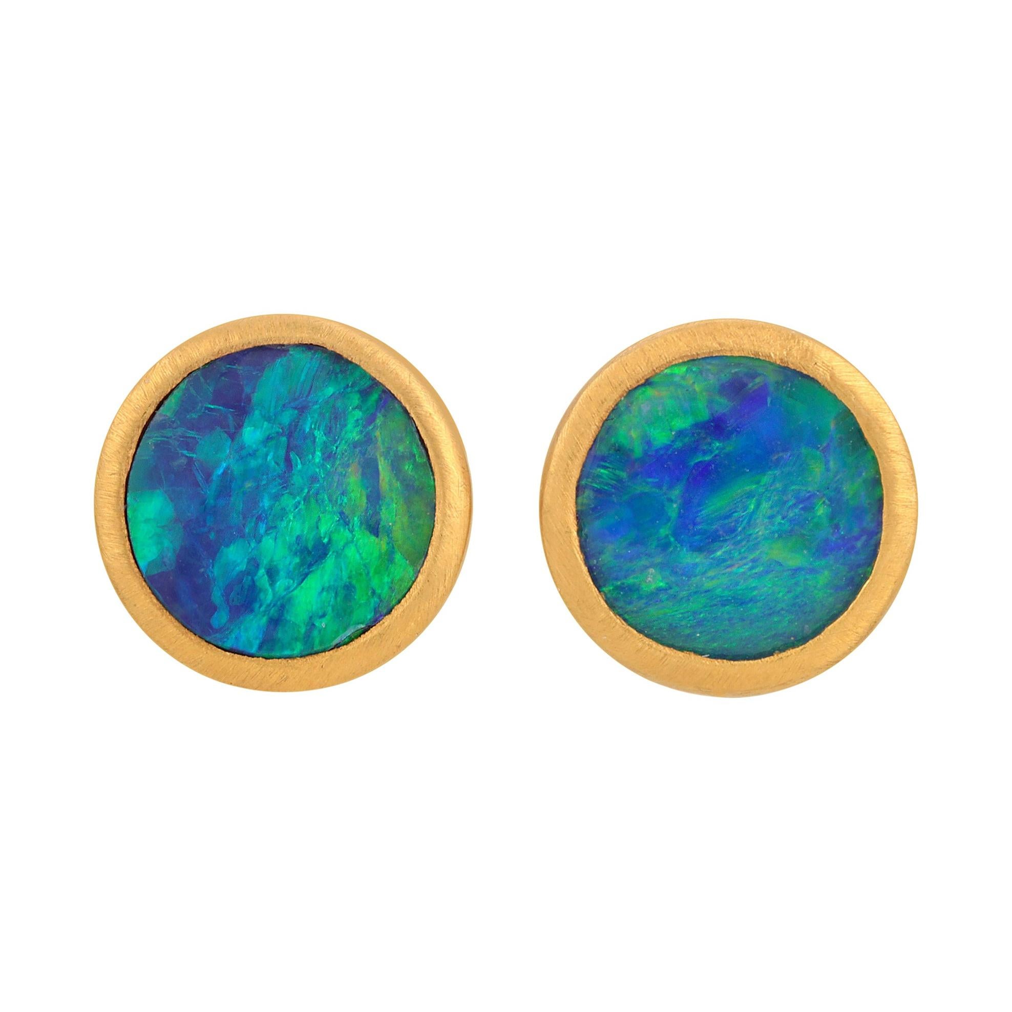 Charming little worlds of color! These  Round Australian Opal Doublet Studs are set in 18k Matte Finish Yellow Gold and are Handmade in Los Angeles by my master goldsmith setter. 