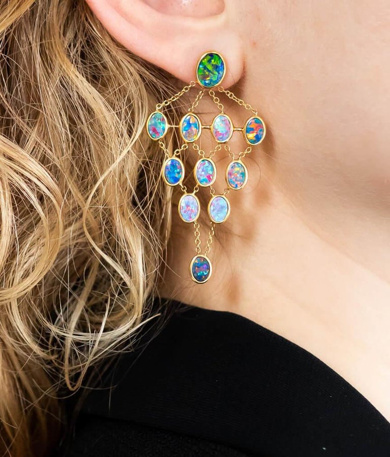 Australian Opal Doublets Chandelier Earrings In 18 Karat Yellow Gold For At 1stdibs Australian Opal Doublets Chandelier, Crystal Chandeliers Earrings Australia